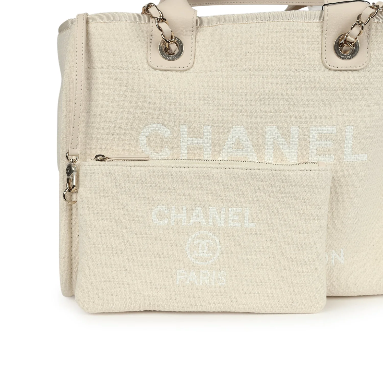 Chanel Small Deauville Shopping Tote Ivory Canvas Light Gold Hardware