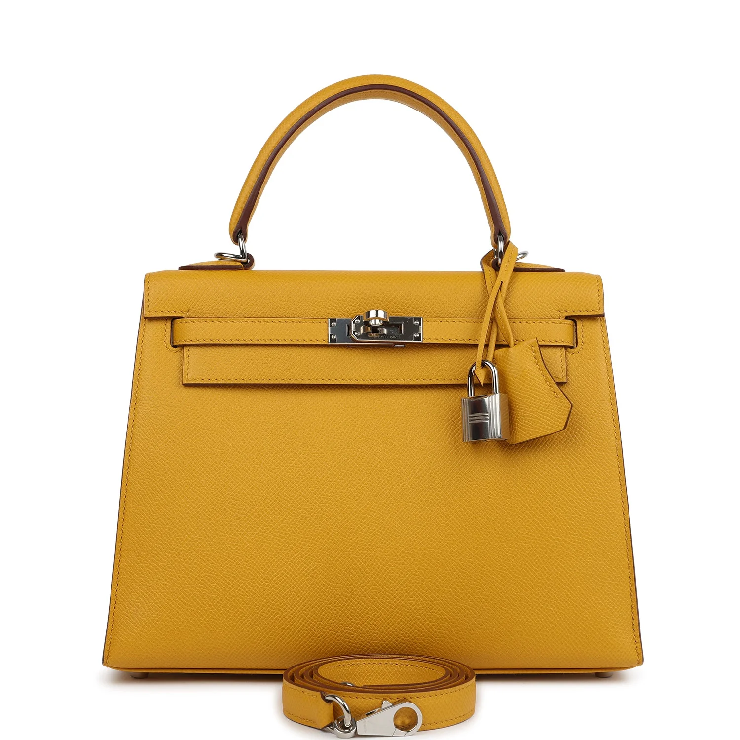 Pre-owned Hermes Kelly Sellier 25 Jaune Ambre Epsom Palladium Hardware