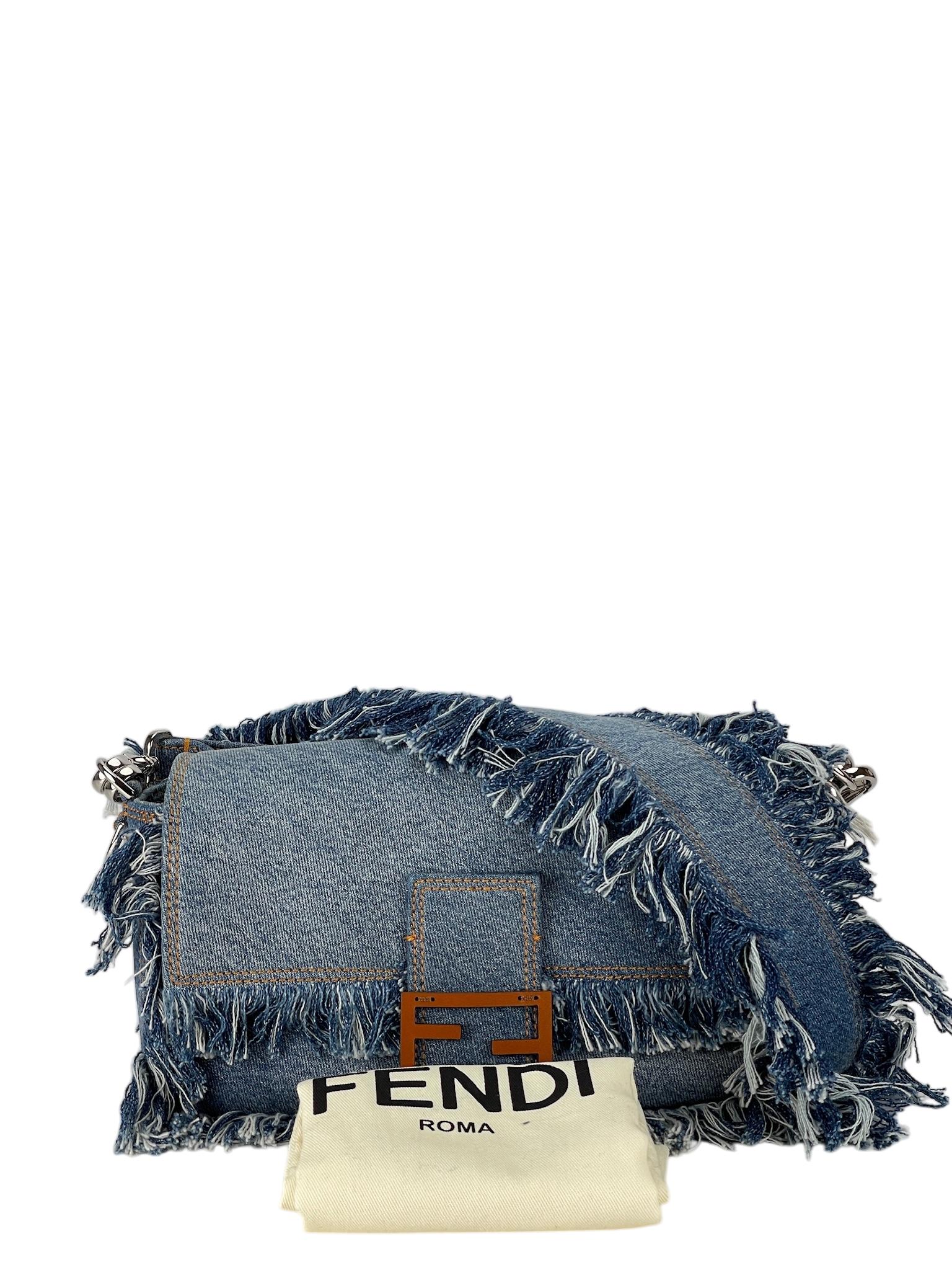 FENDI - Light Denim Lavato Leather Frayed Baguette Shoulder Bag
