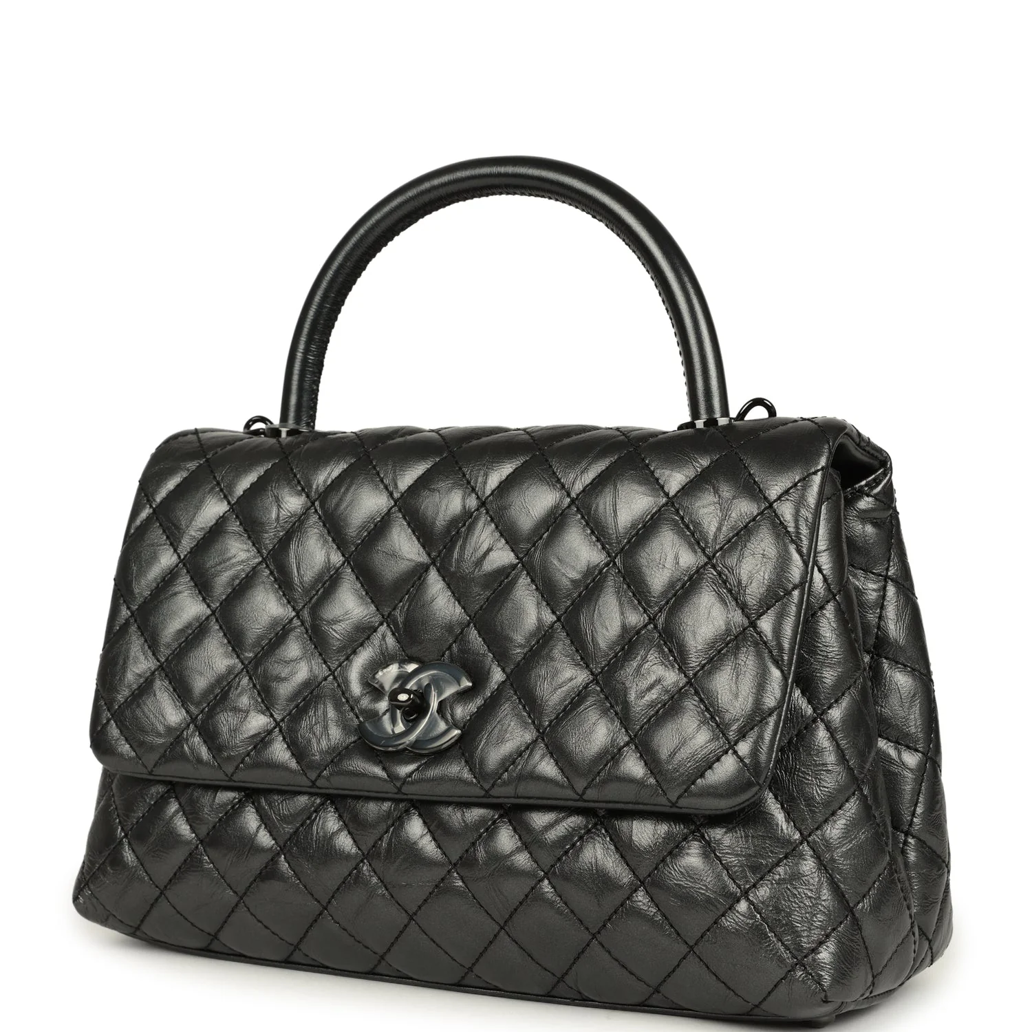Chanel Medium Coco Top Handle Flap Bag Dark Grey Crumpled Calfskin Black Hardware