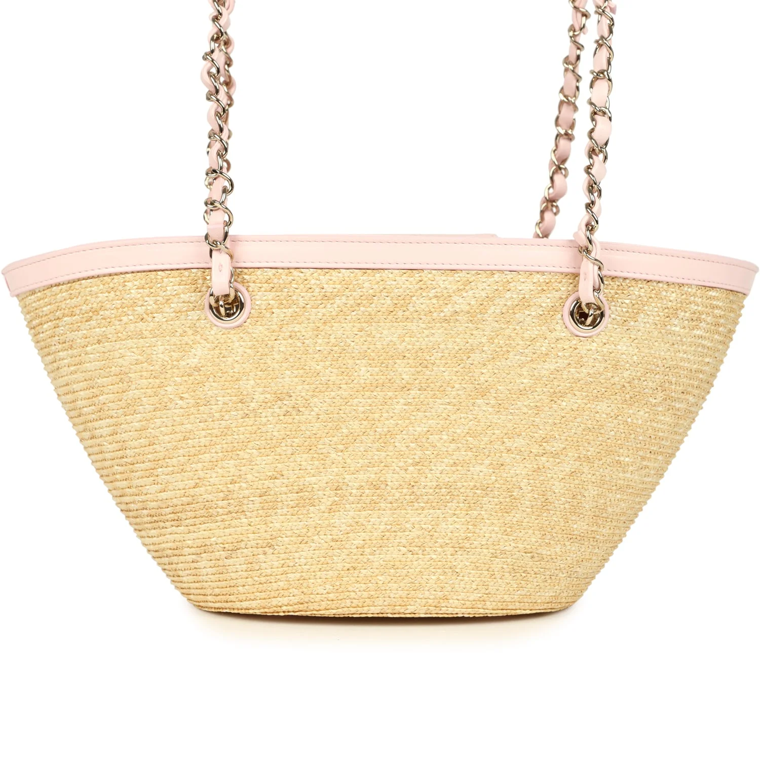 Chanel Small Shopping Tote Bag Beige Raffia and Light Pink Lambskin Light Gold Hardware