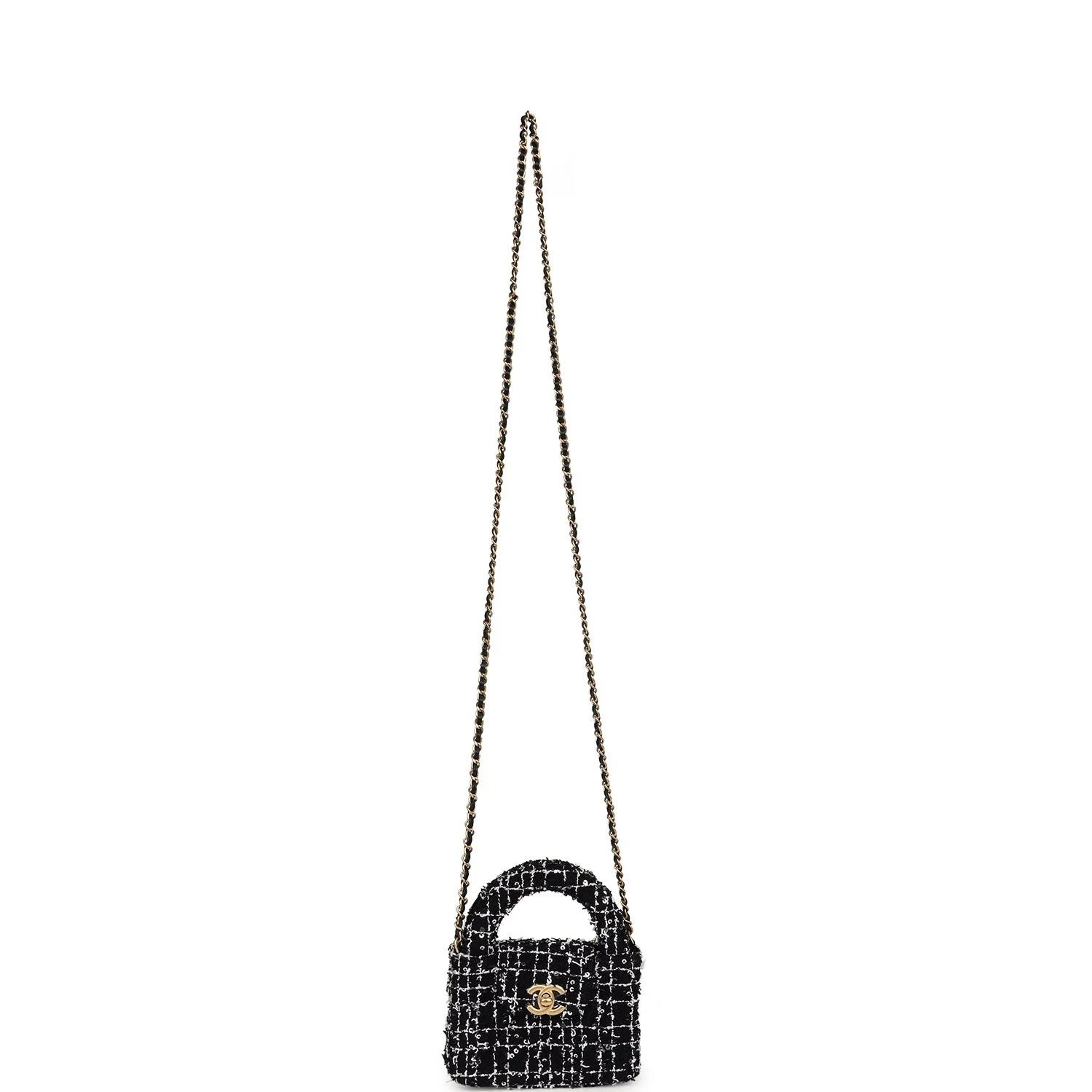 Chanel Nano Kelly Shopper Black, White & Silver Sequin Tweed Brushed Gold Hardware