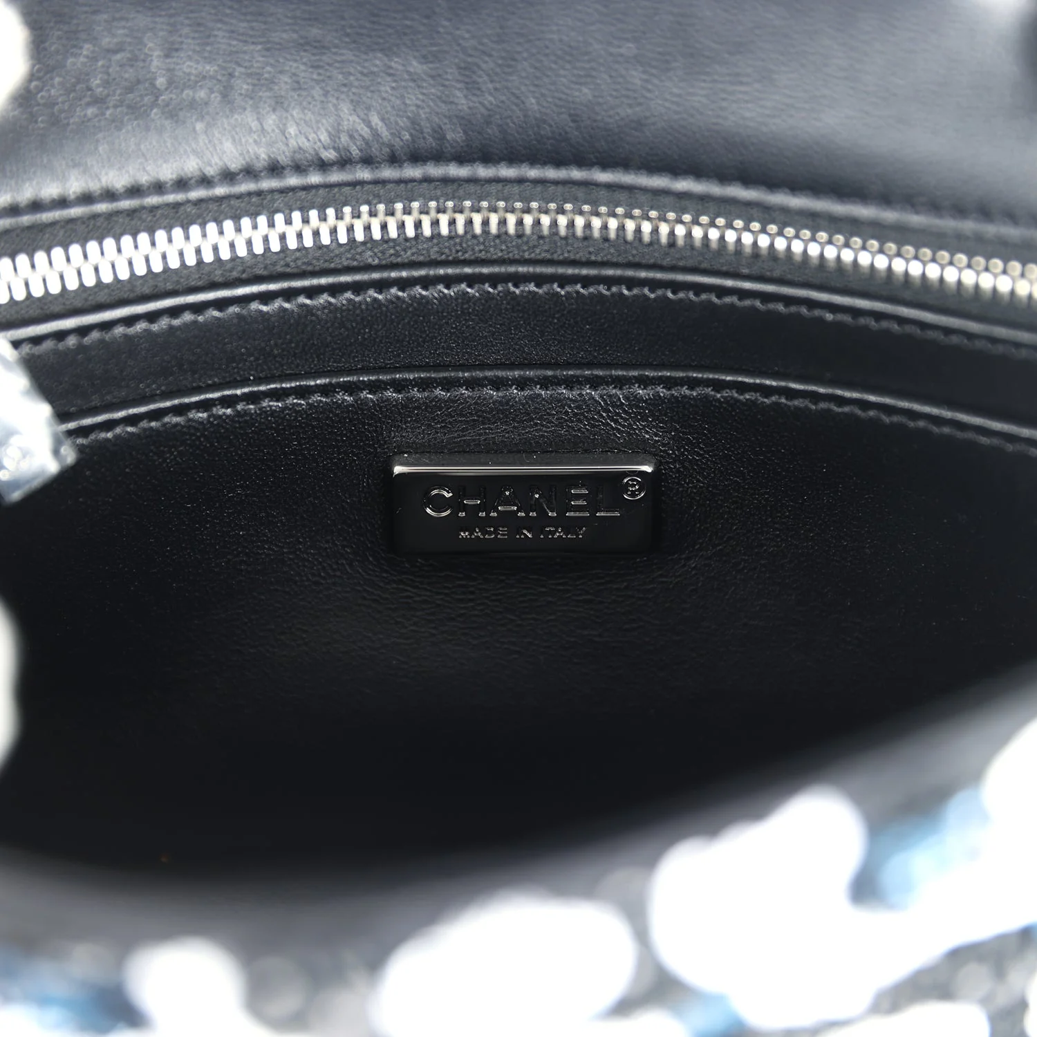 Chanel Mini Rectangular Flower Flap Bag Black, Navy and White Sequin Ruthenium Hardware
