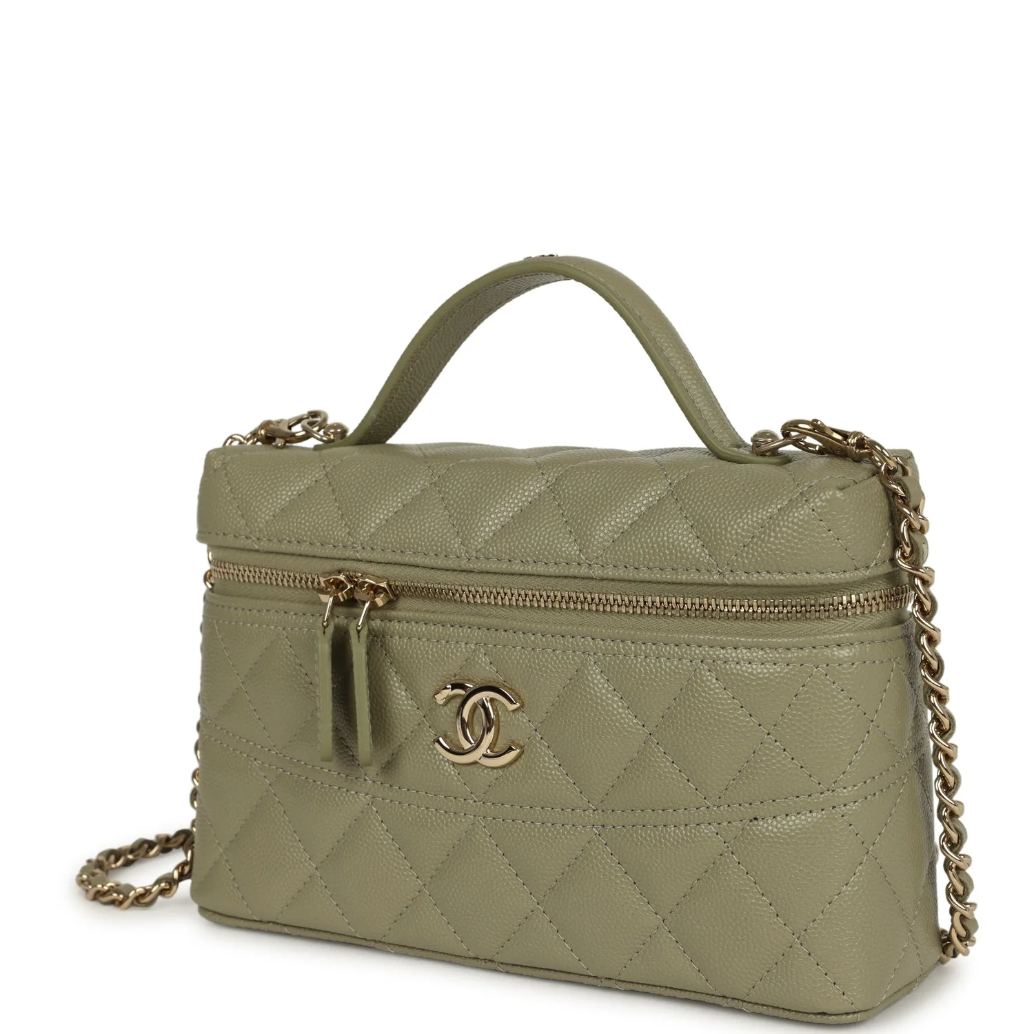 Chanel Trendy Top Handle Long Vanity Case with Chain Khaki Caviar Light Gold Hardware