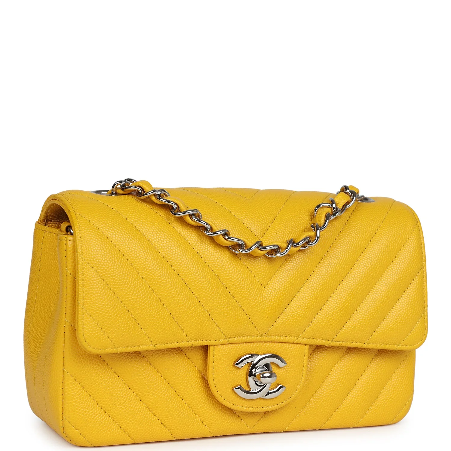 Pre-owned Chanel Mini Rectangular Flap Yellow Chevron Caviar Silver Hardware