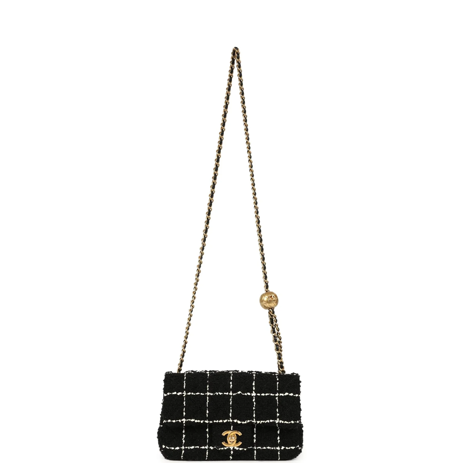 Pre-owned Chanel Mini Pearl Crush Square Flap Bag White and Black Tweed Antique Gold Hardware