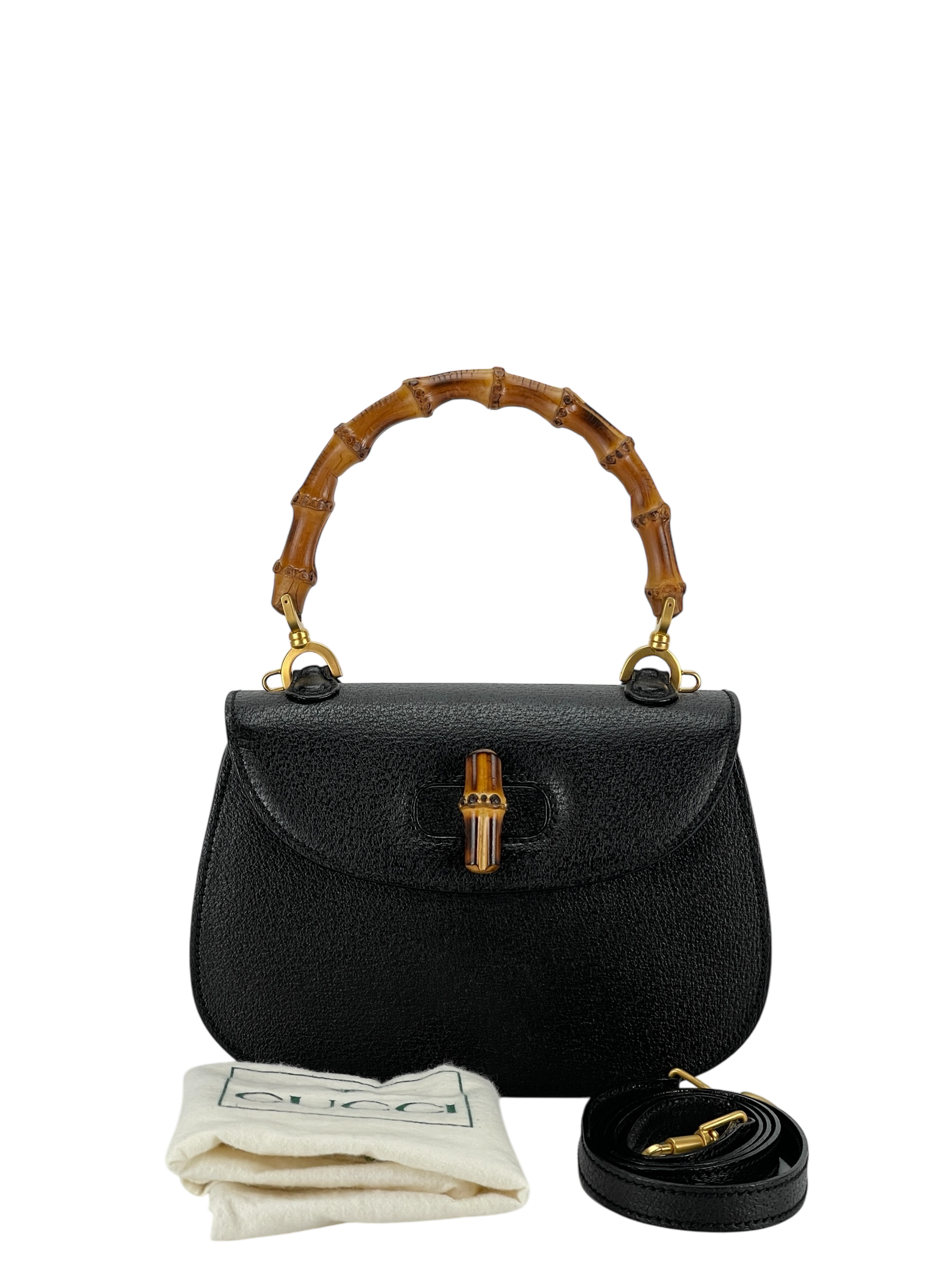 GUCCI - Black 2way Smalll Leather Bamboo Handbag