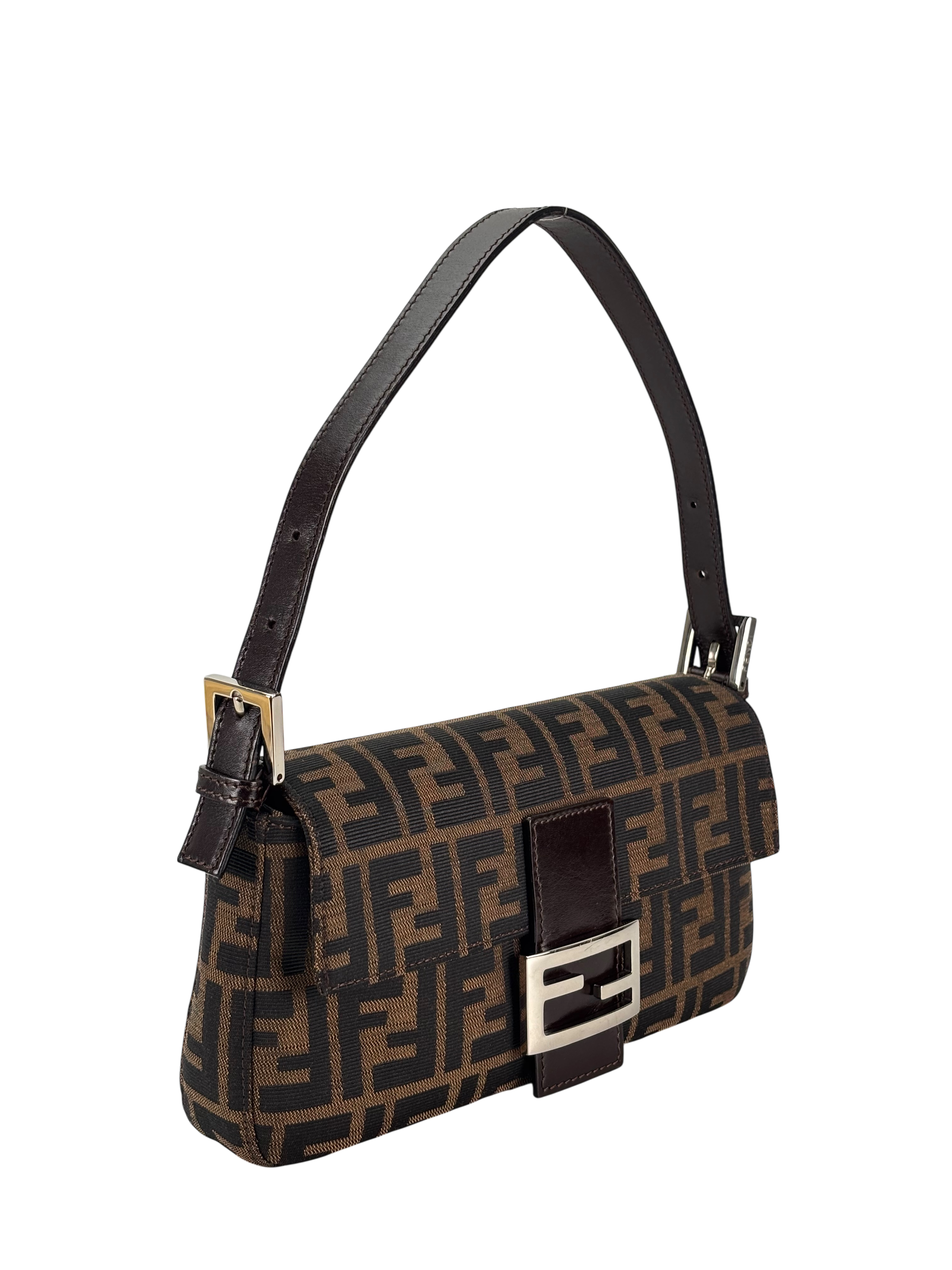 FENDI - Brown Canvas Baguette Handbag Silver Hardware