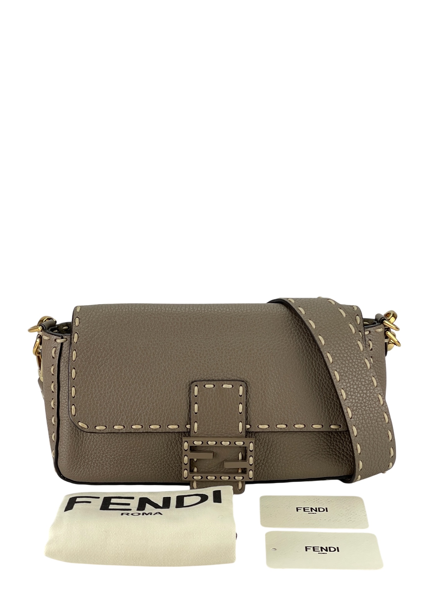 FENDI - Calfskin Granata Print Macro Stitchings Baguette Truffle