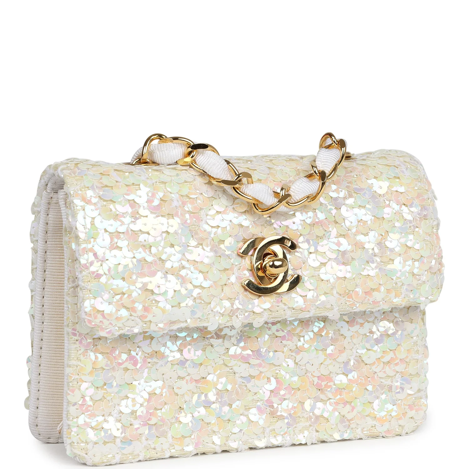 Vintage Chanel Micro Half Flap Iridescent Ivory Sequin Gold Hardware