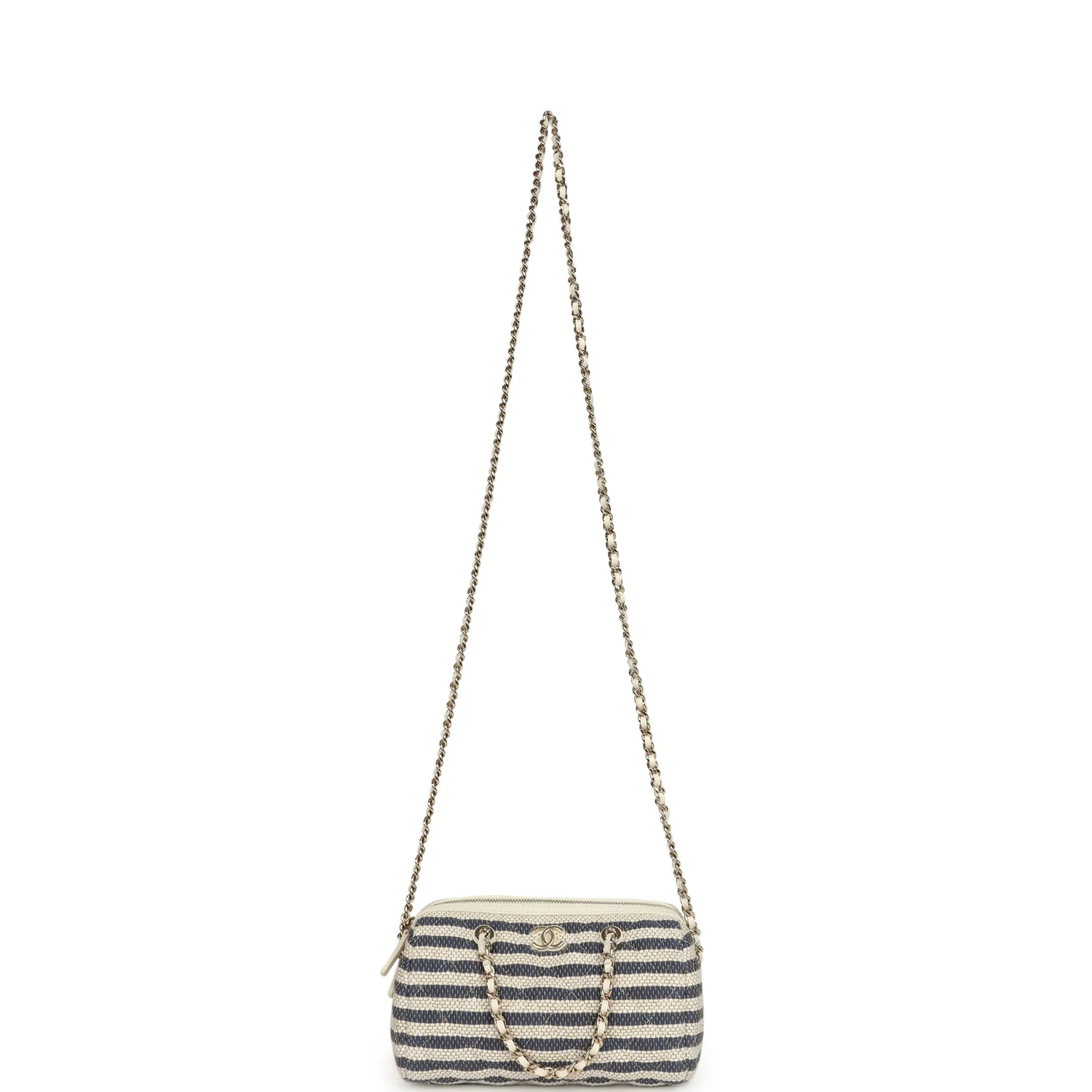 Chanel Mini Timeless Classic Barrel Bag with Chain Light Beige and Dark Blue Striped Woven Fabric Light Gold Hardware