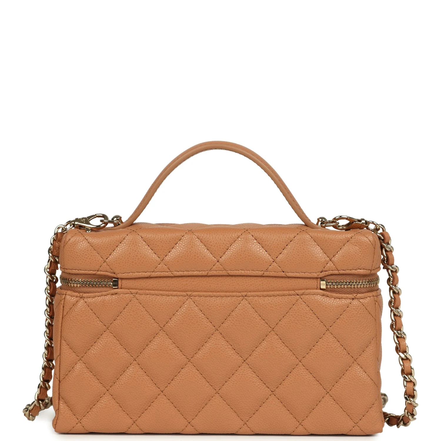 Chanel Top Handle Long Vanity Case with Chain Dark Beige Shiny Caviar Light Gold Hardware