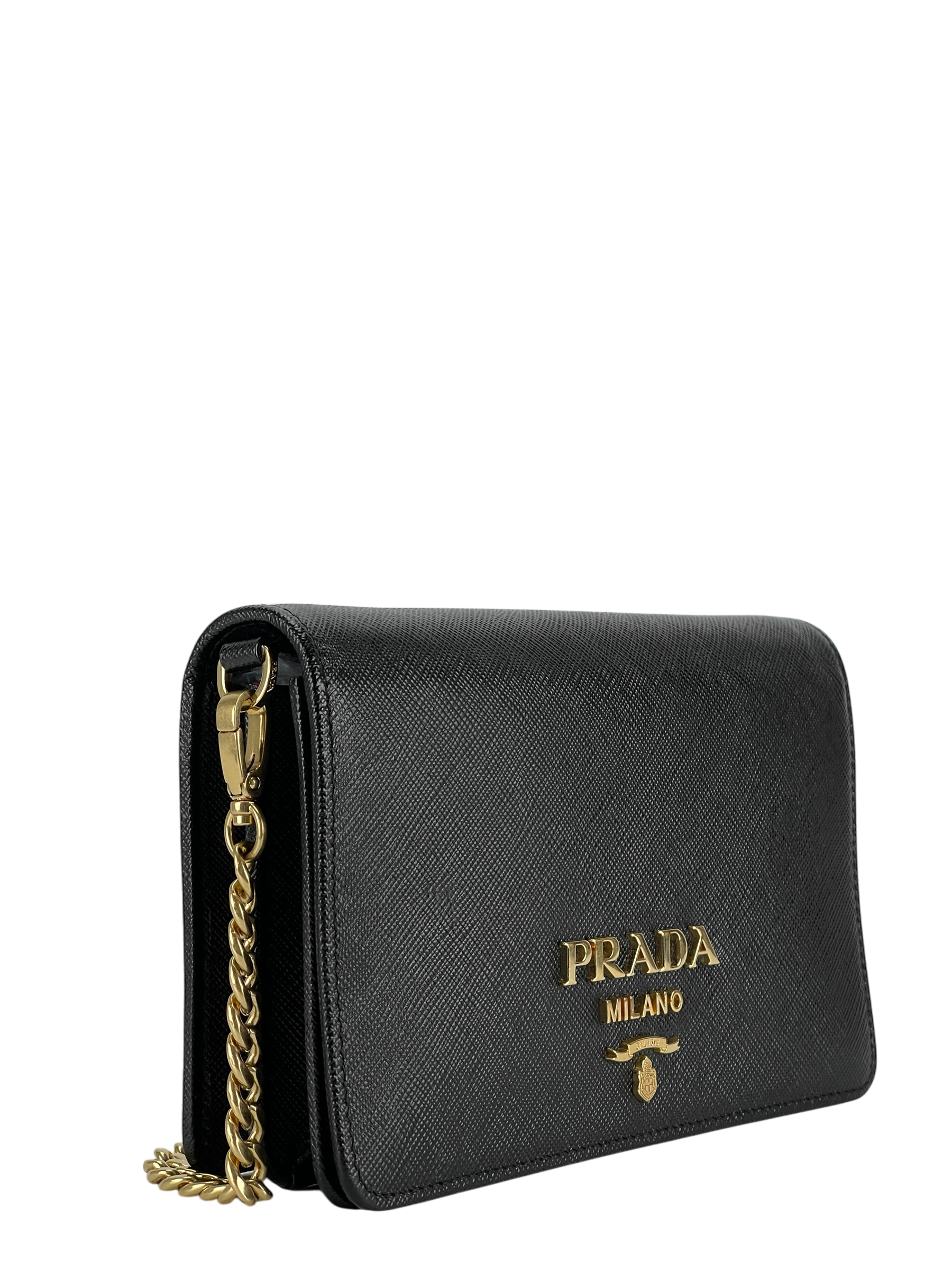 PRADA - Black Calfskin Leather Saffiano Chain Shoulder Bag Gold Hardware