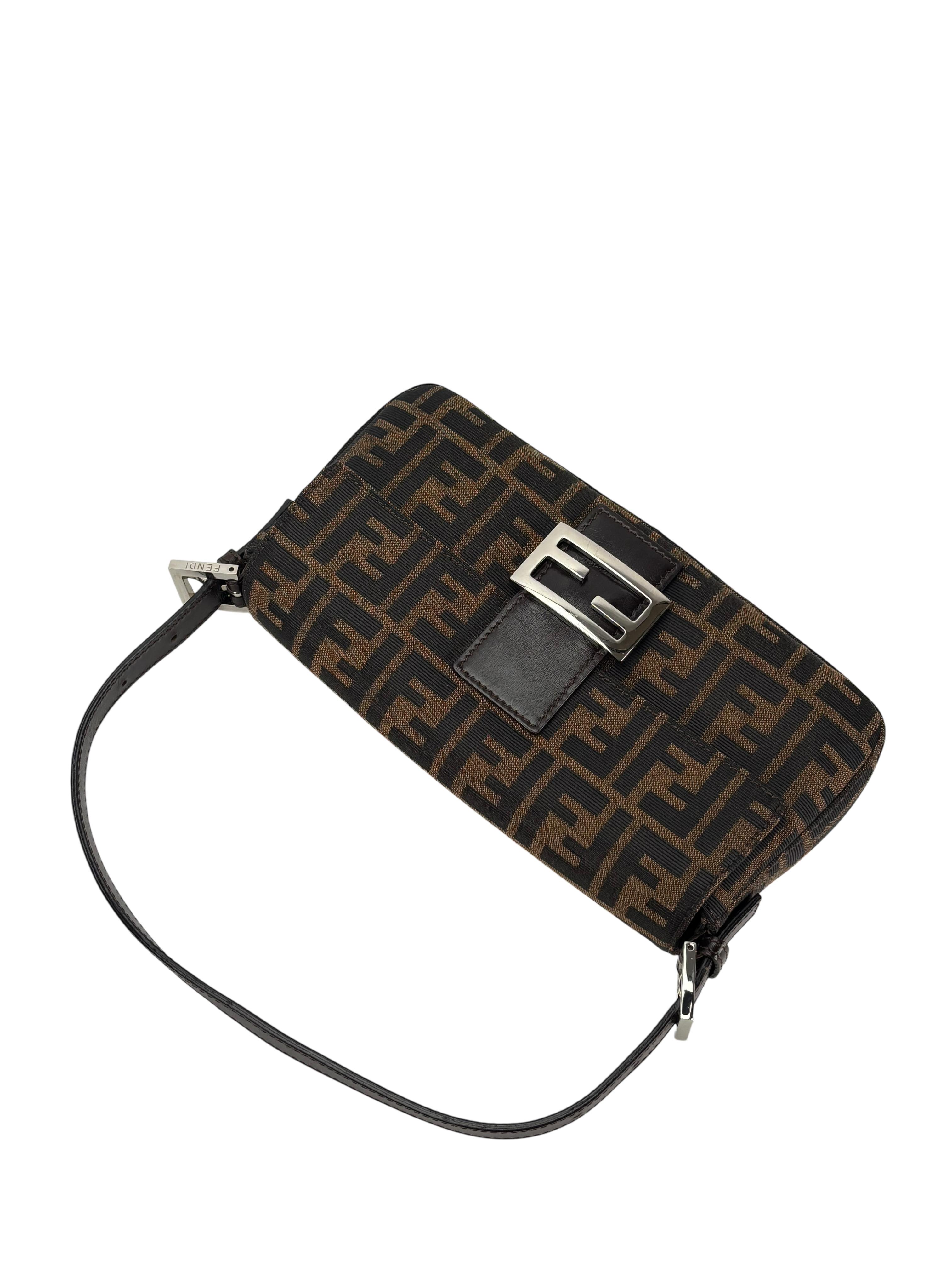 FENDI - Brown Canvas Baguette Handbag Silver Hardware
