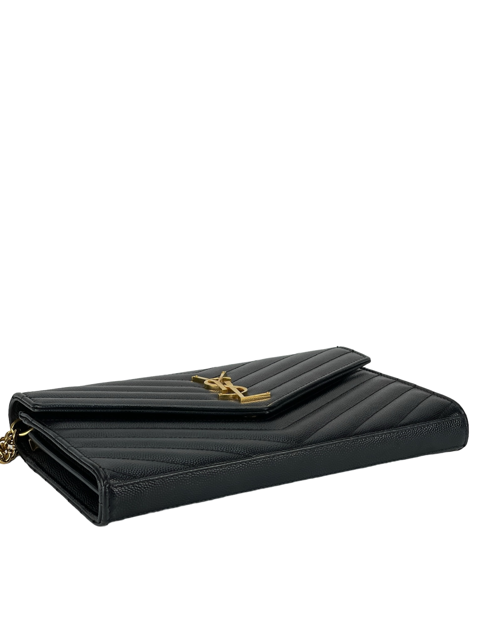 SAINT LAURENT - Grain De Poudre Matelasse Chevron Monogram Chain Wallet