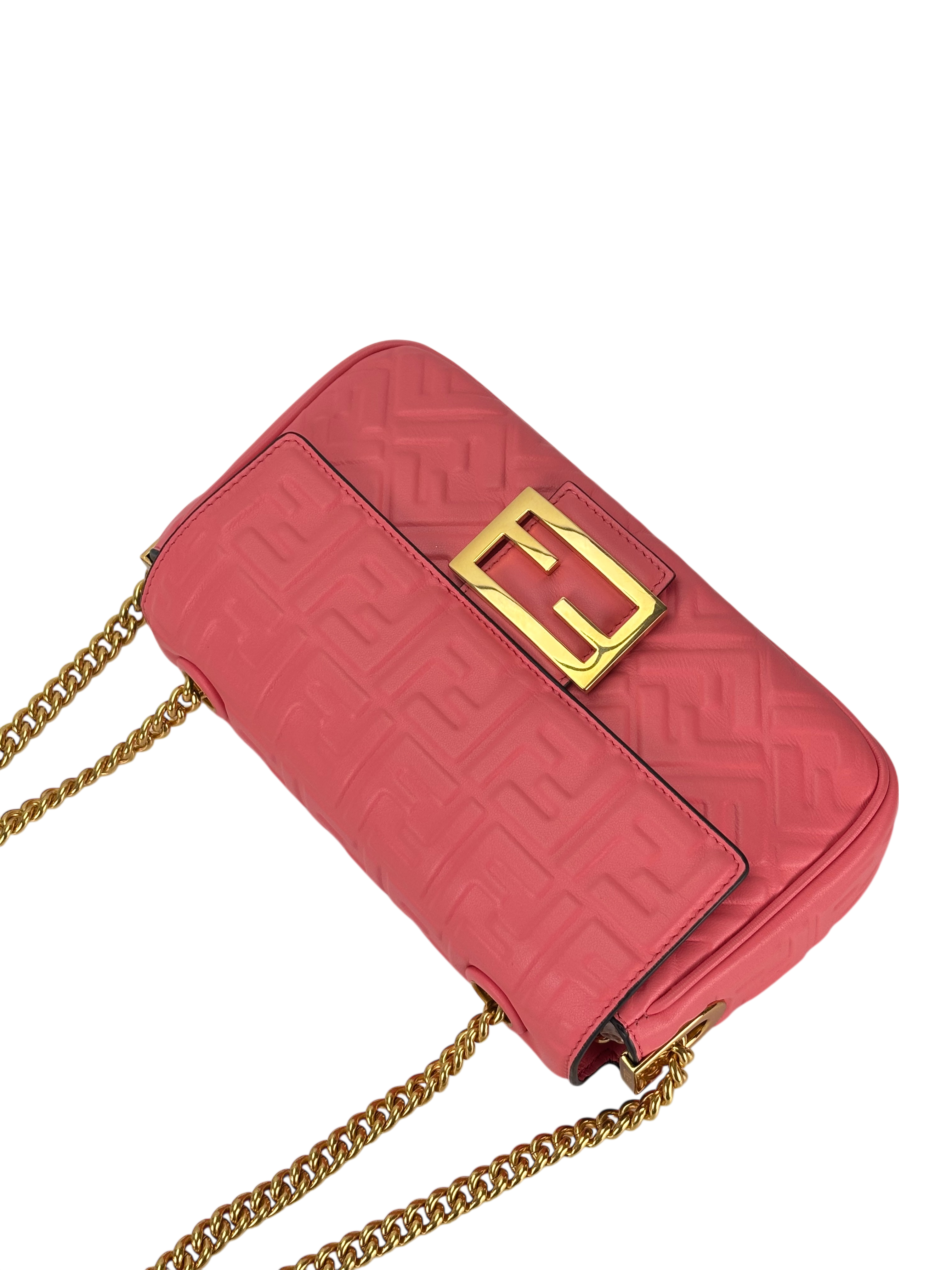 GUCCI -  Pink Leather Nappa Small FF Embossed Midi Chain Baguette