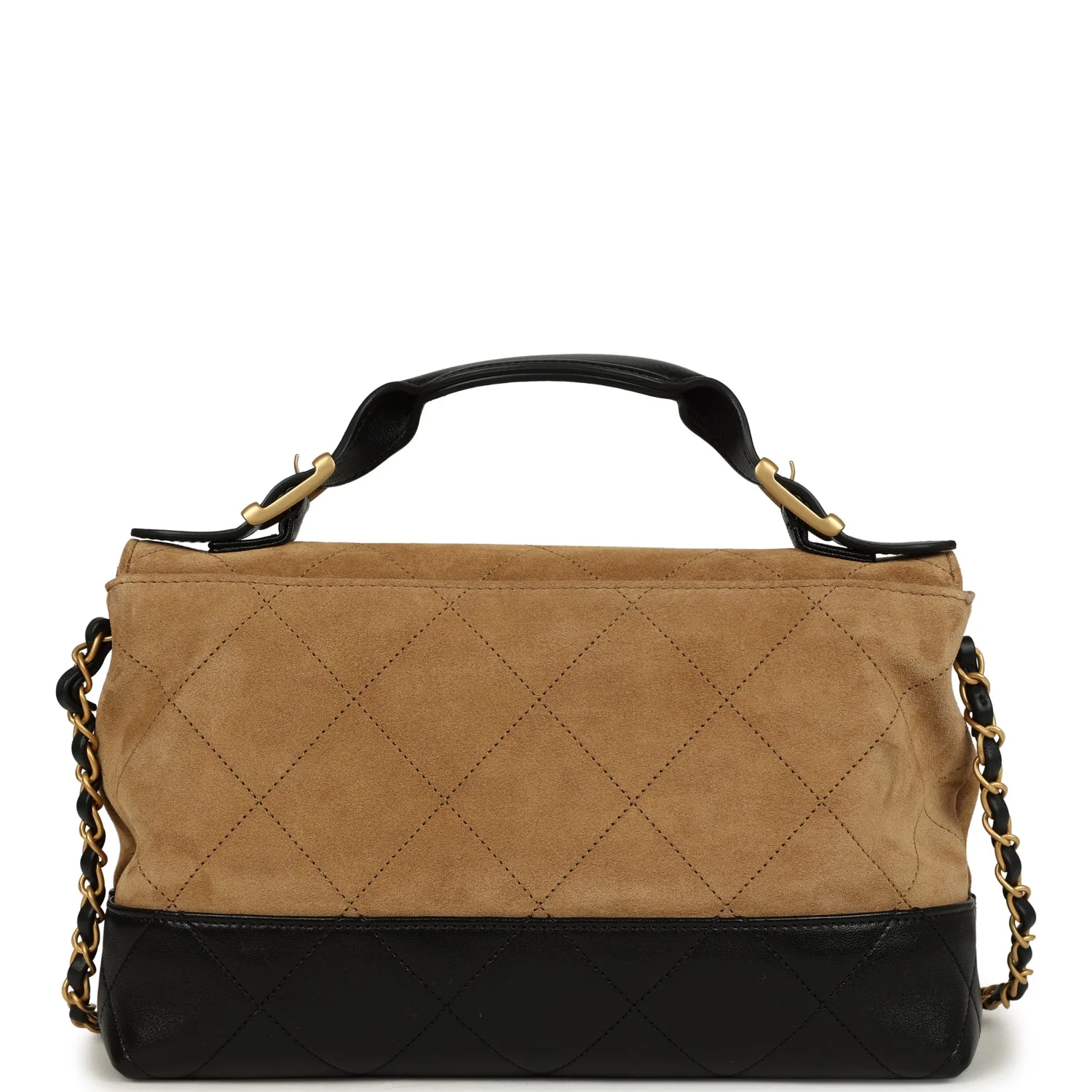Chanel Coco Base Top Handle Flap Bag Brown Suede and Black Shiny Lambskin Brushed Gold Hardware