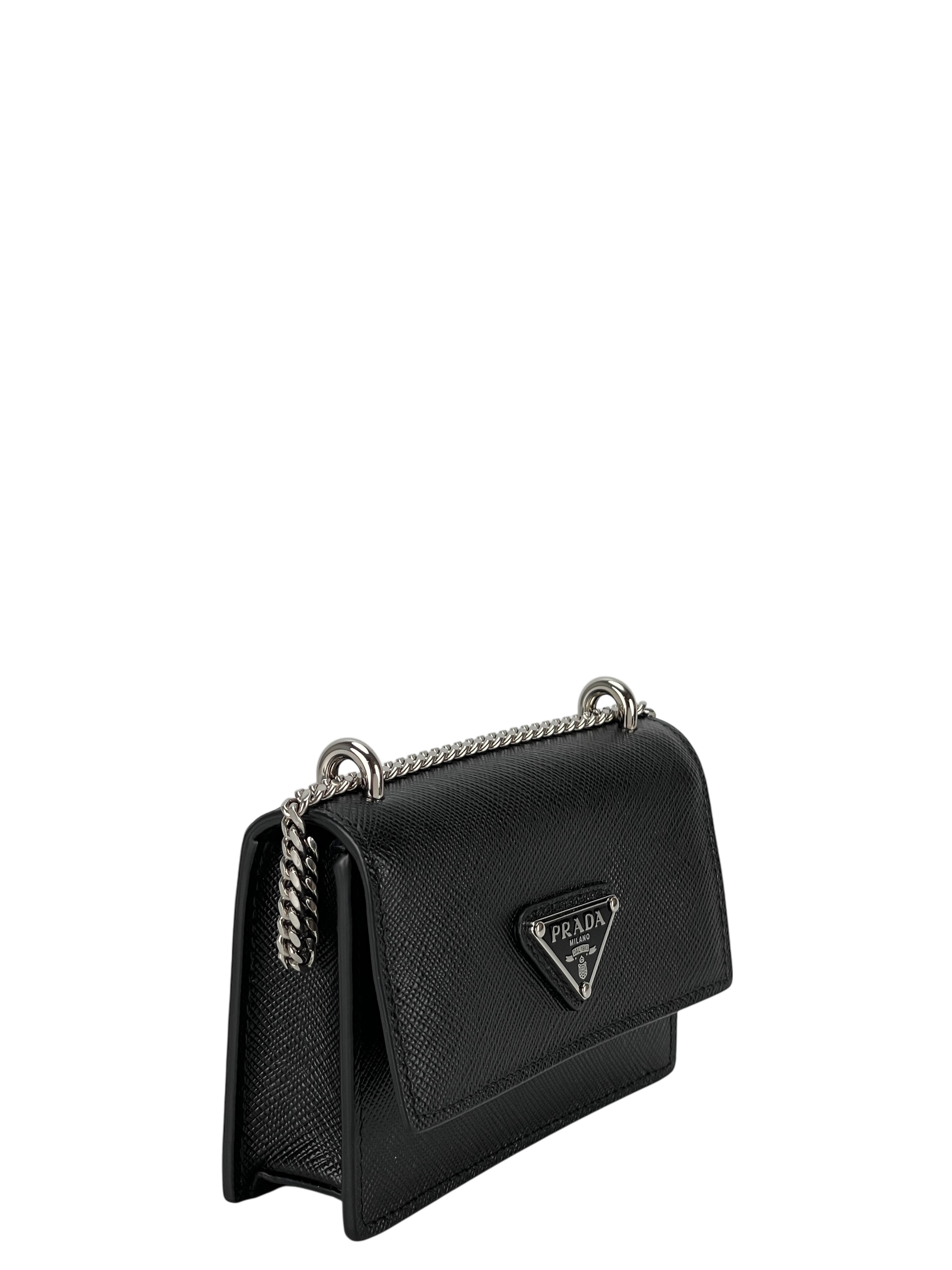 PRADA - Black Saffiano leather card holder with shoulder strap