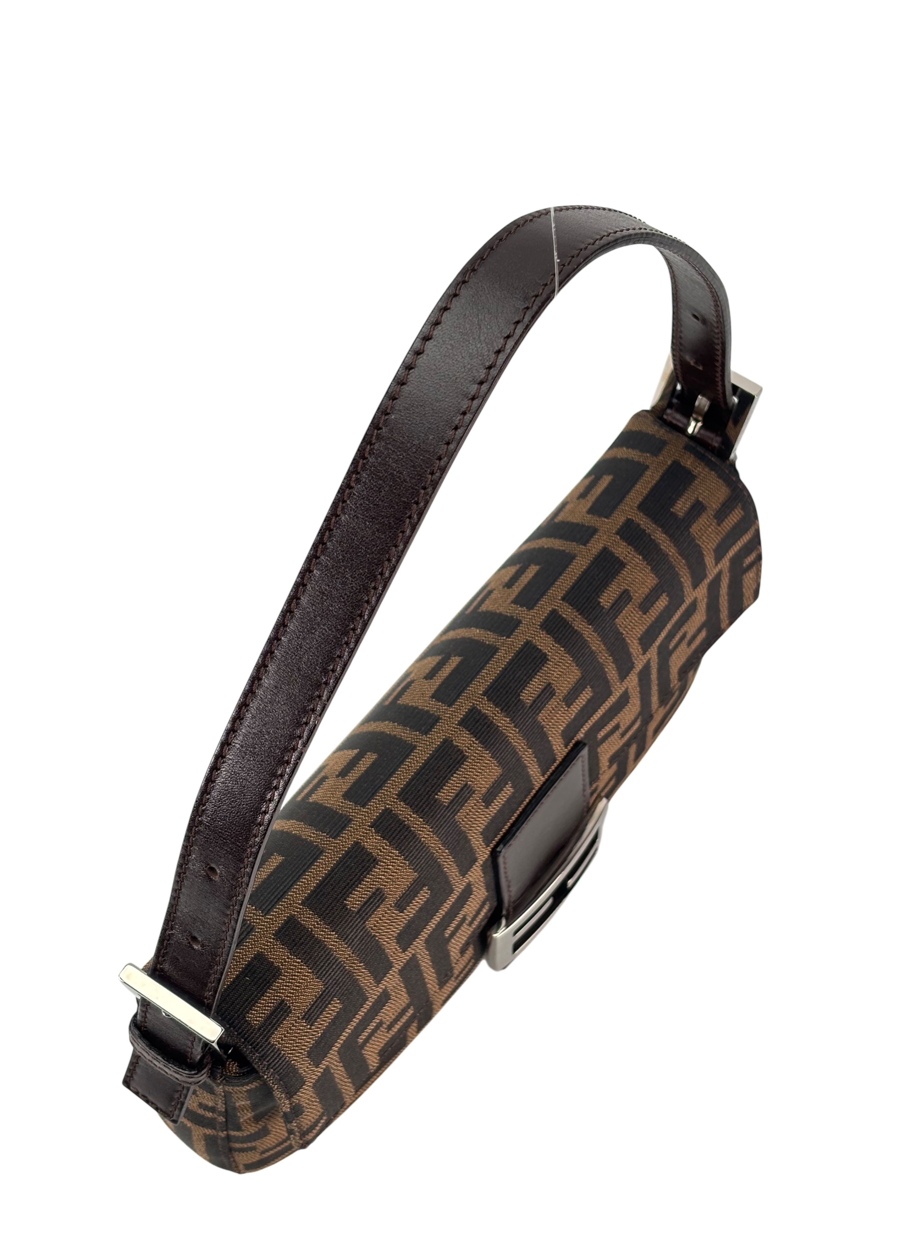 FENDI - Brown Canvas Baguette Handbag Silver Hardware