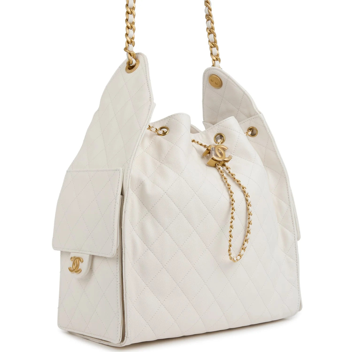 Chanel Medium 25 Hobo Bag White Caviar Antique Gold Hardware