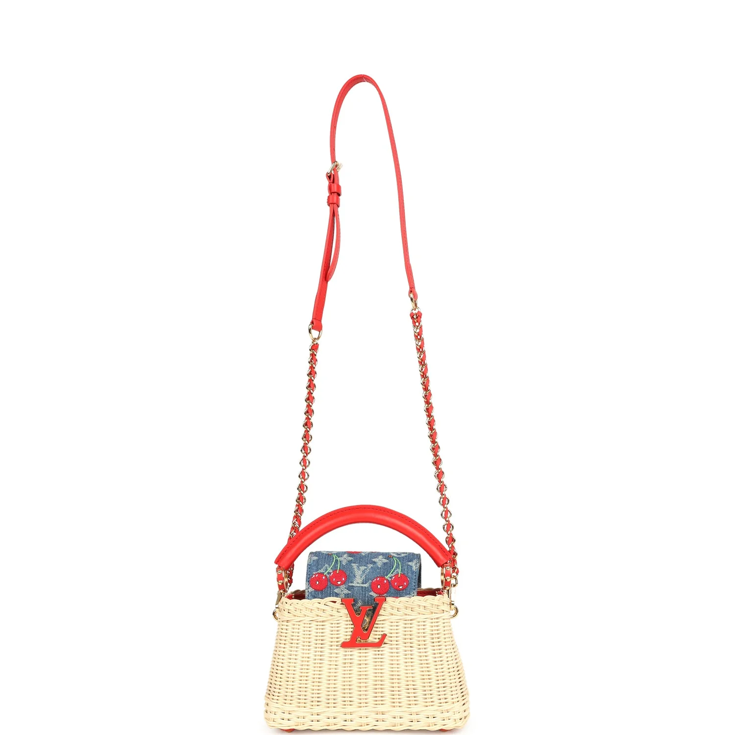 Louis Vuitton X Takashi Murakami Capucines Mini Red and Blue Monogram Cherry Denim and Rattan Wicker Gold Hardware