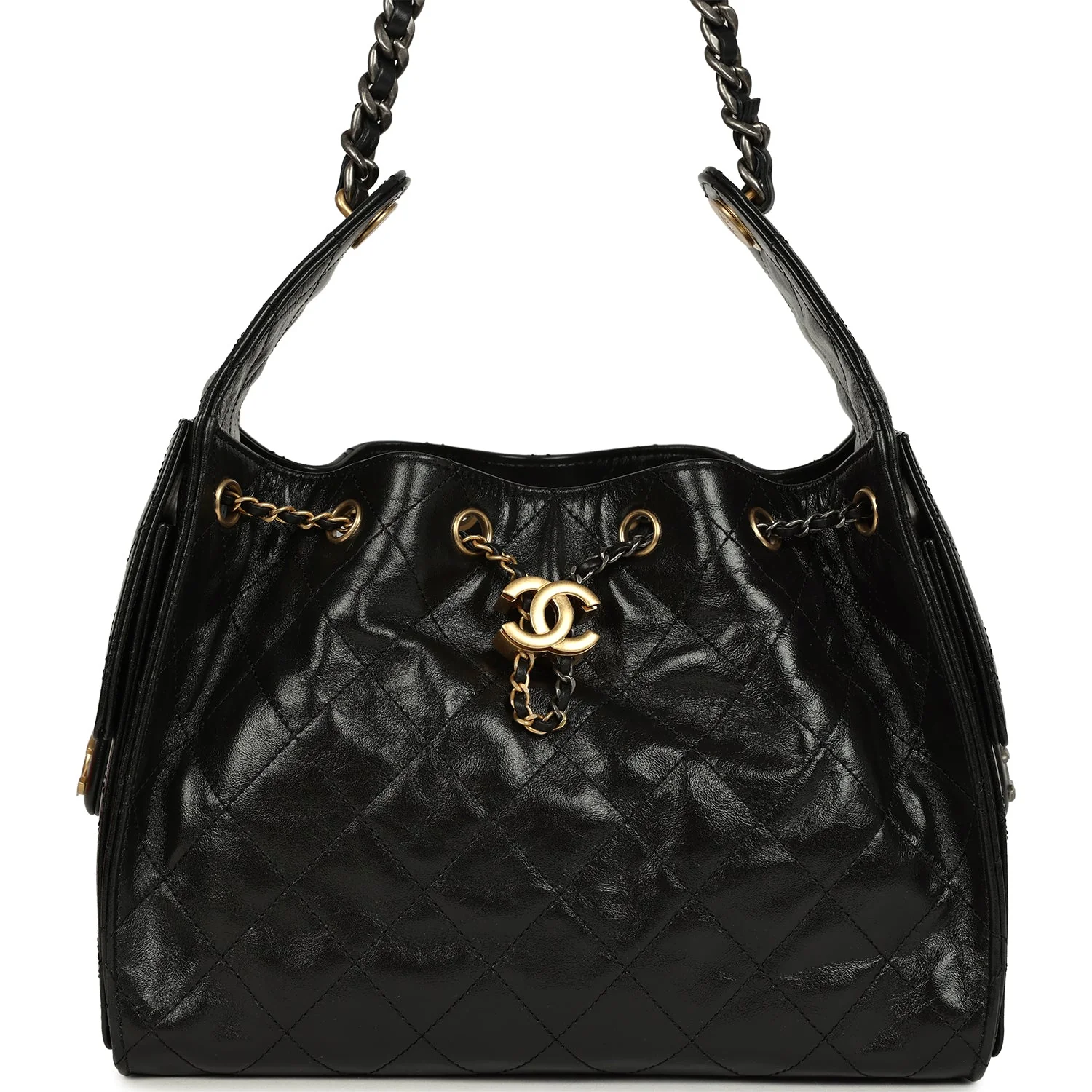 Pre-owned Chanel Small 25 Hobo Bag Black Shiny Crumpled Calfskin Mixed Metal Hardware