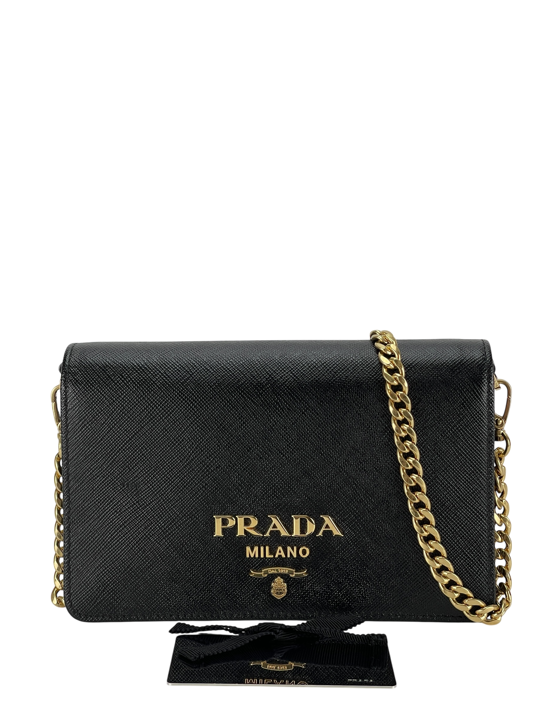 PRADA - Black Calfskin Leather Saffiano Chain Shoulder Bag Gold Hardware