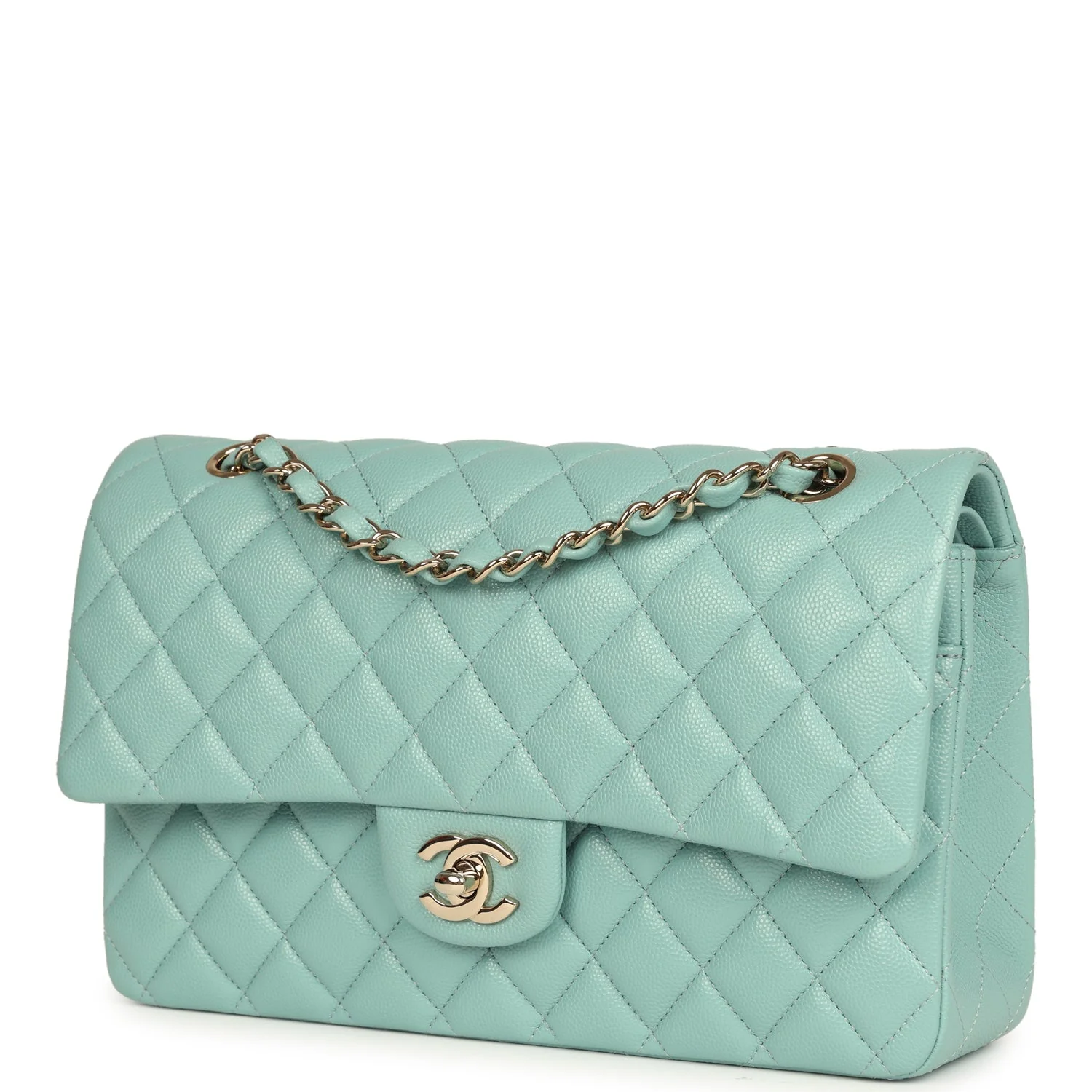 Pre-owned Chanel Medium Classic Double Flap Bag Light Blue Caviar Silver Hardware