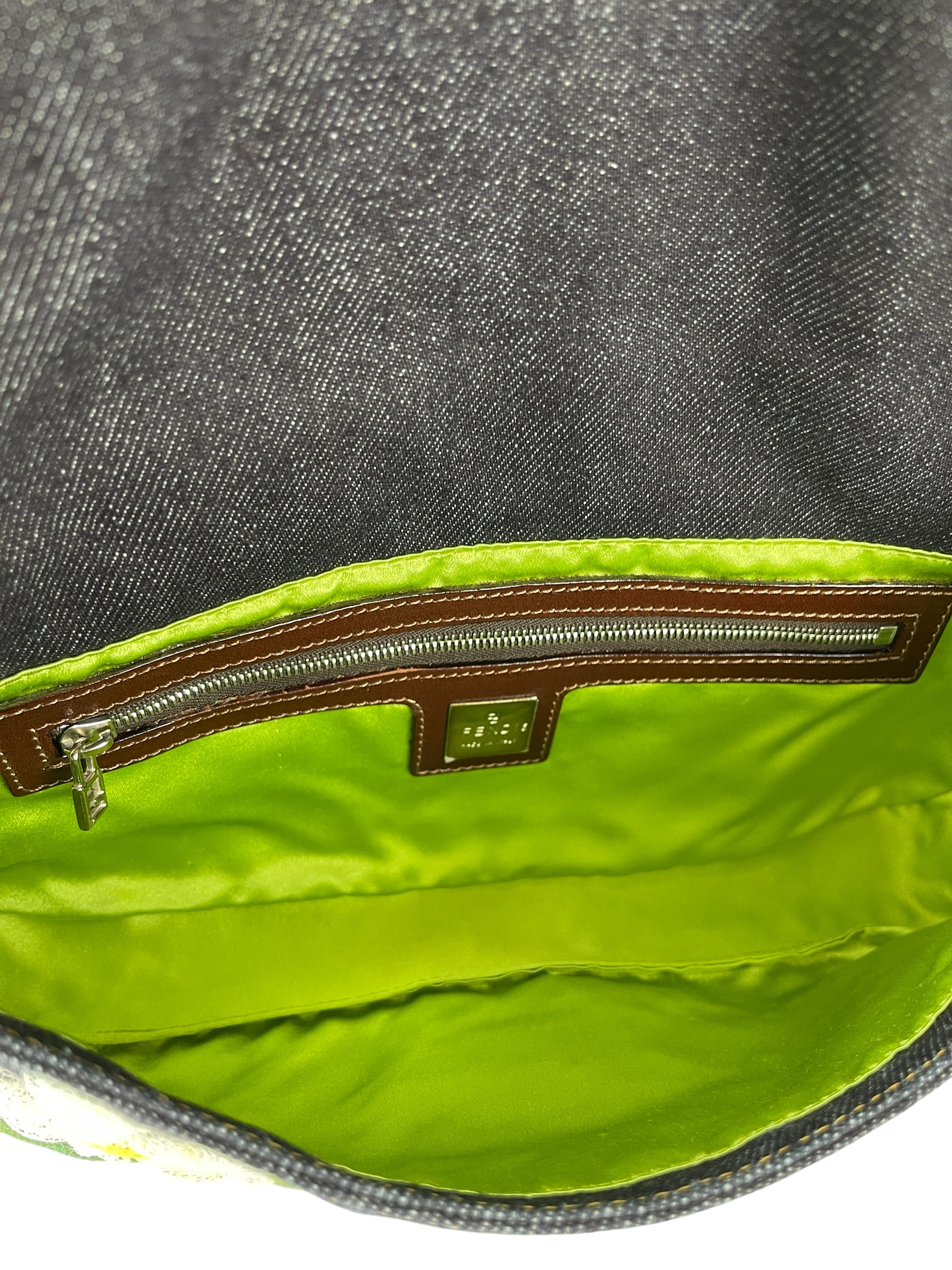 FENDI - Blue Denim Baguette in Dark Embroided Flowers