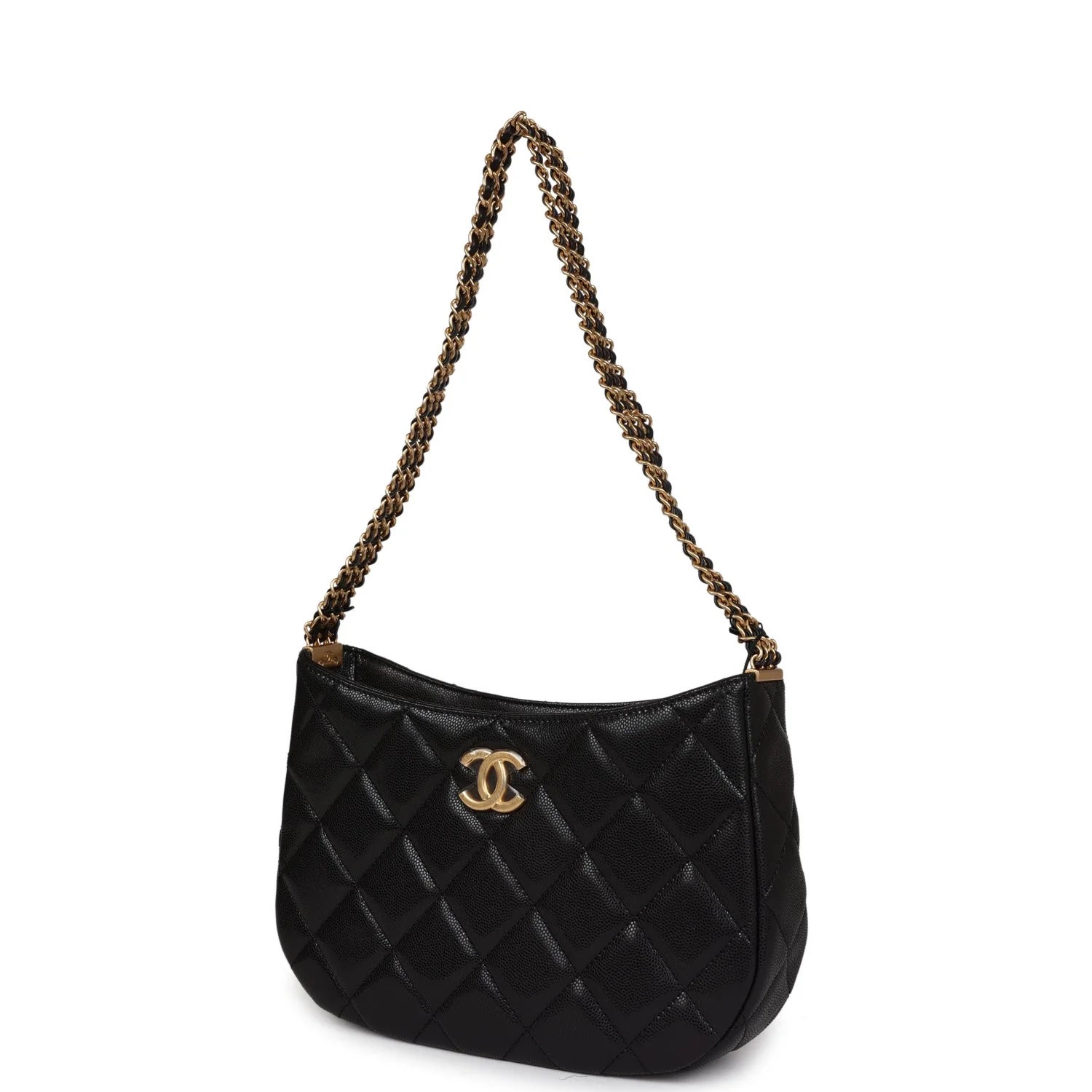 Chanel Hobo Bag Black Shiny Caviar Brushed Gold Hardware