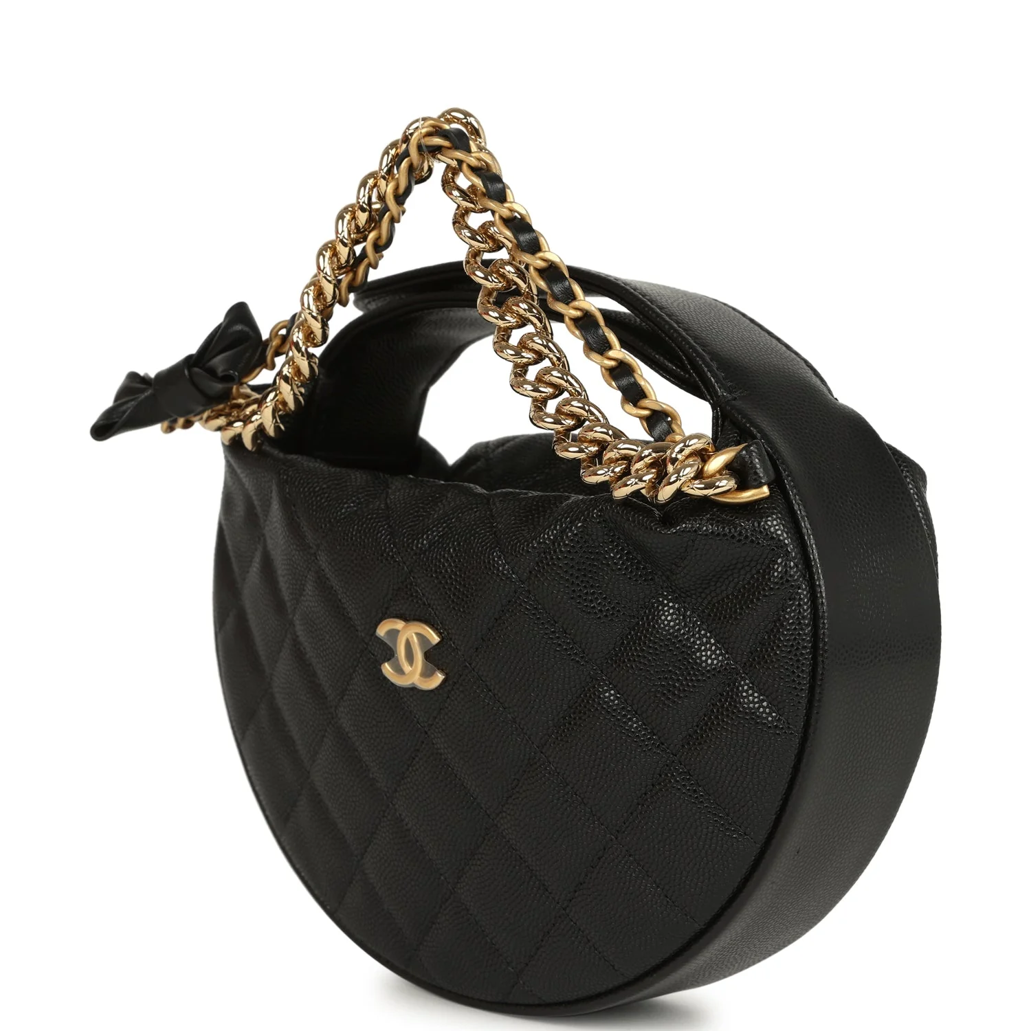 Chanel Mini Round Hobo Pouch Bag Black Shiny Caviar Mixed Metal Hardware