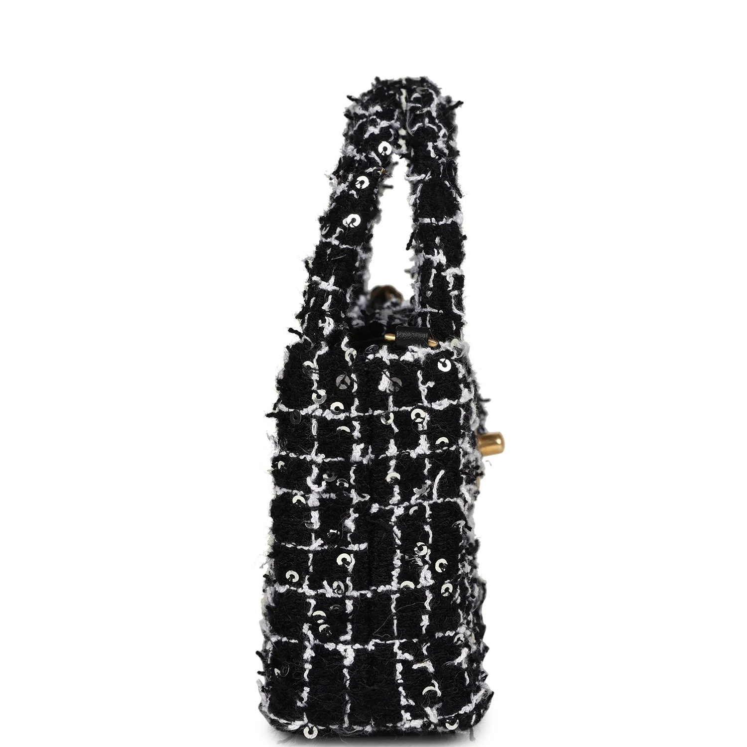 Chanel Nano Kelly Shopper Black, White & Silver Sequin Tweed Brushed Gold Hardware