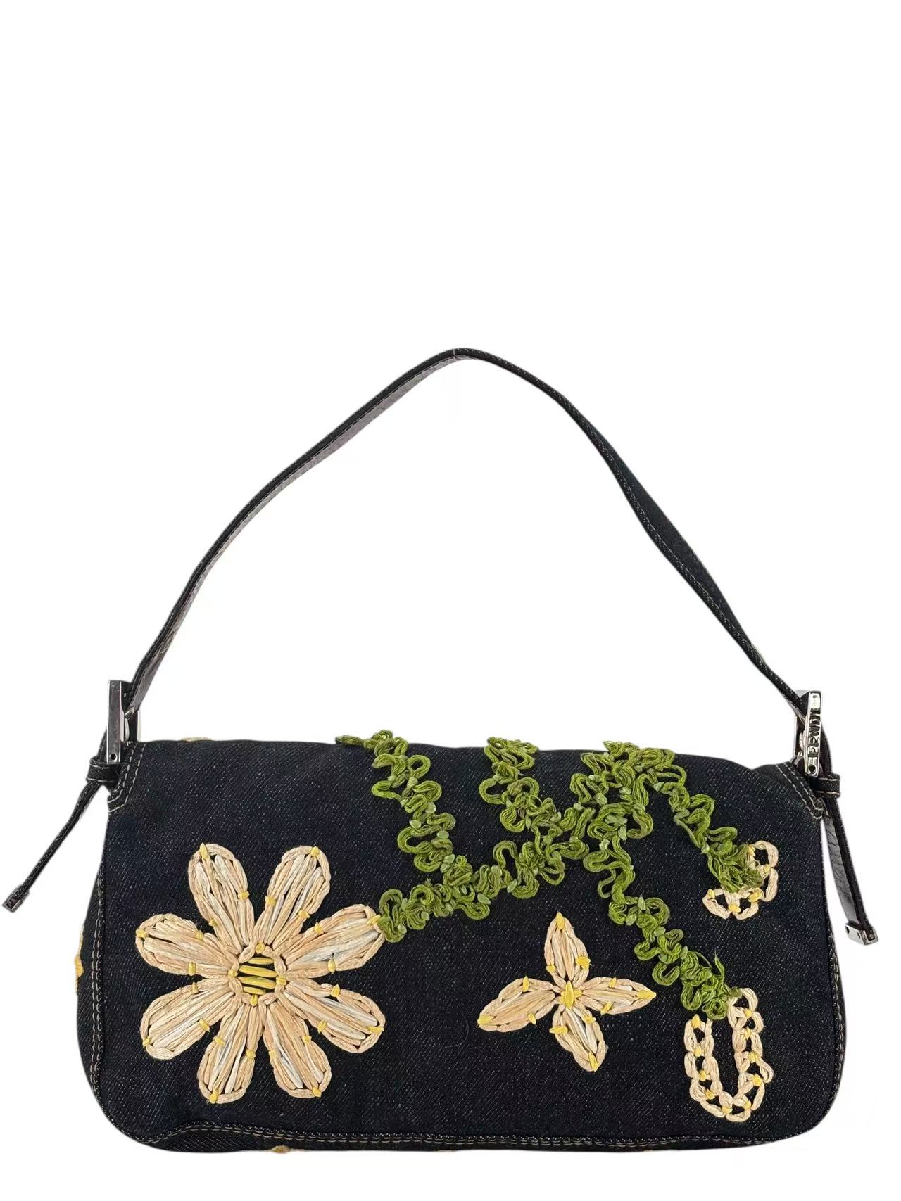 FENDI - Small Baguette Bag Denim Flower Navy