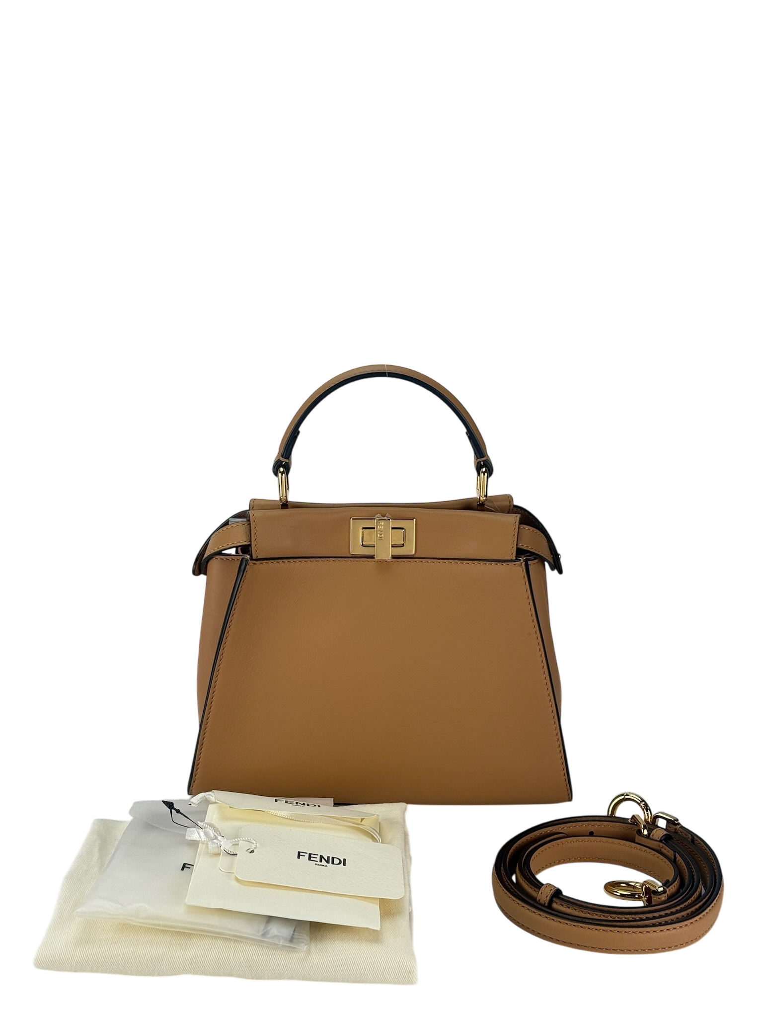 FENDI - Peekaboo Soft Small Brown Calfskin Leather bag Gold Hardware
