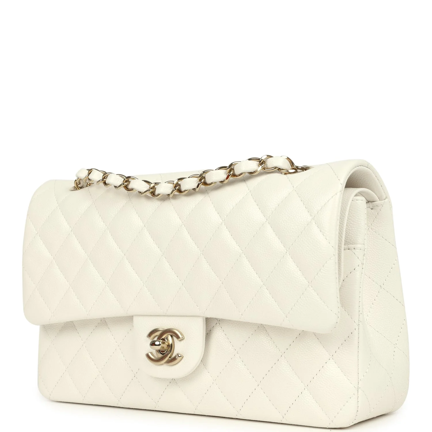 Chanel Medium Classic Double Flap White Caviar Light Gold Hardware