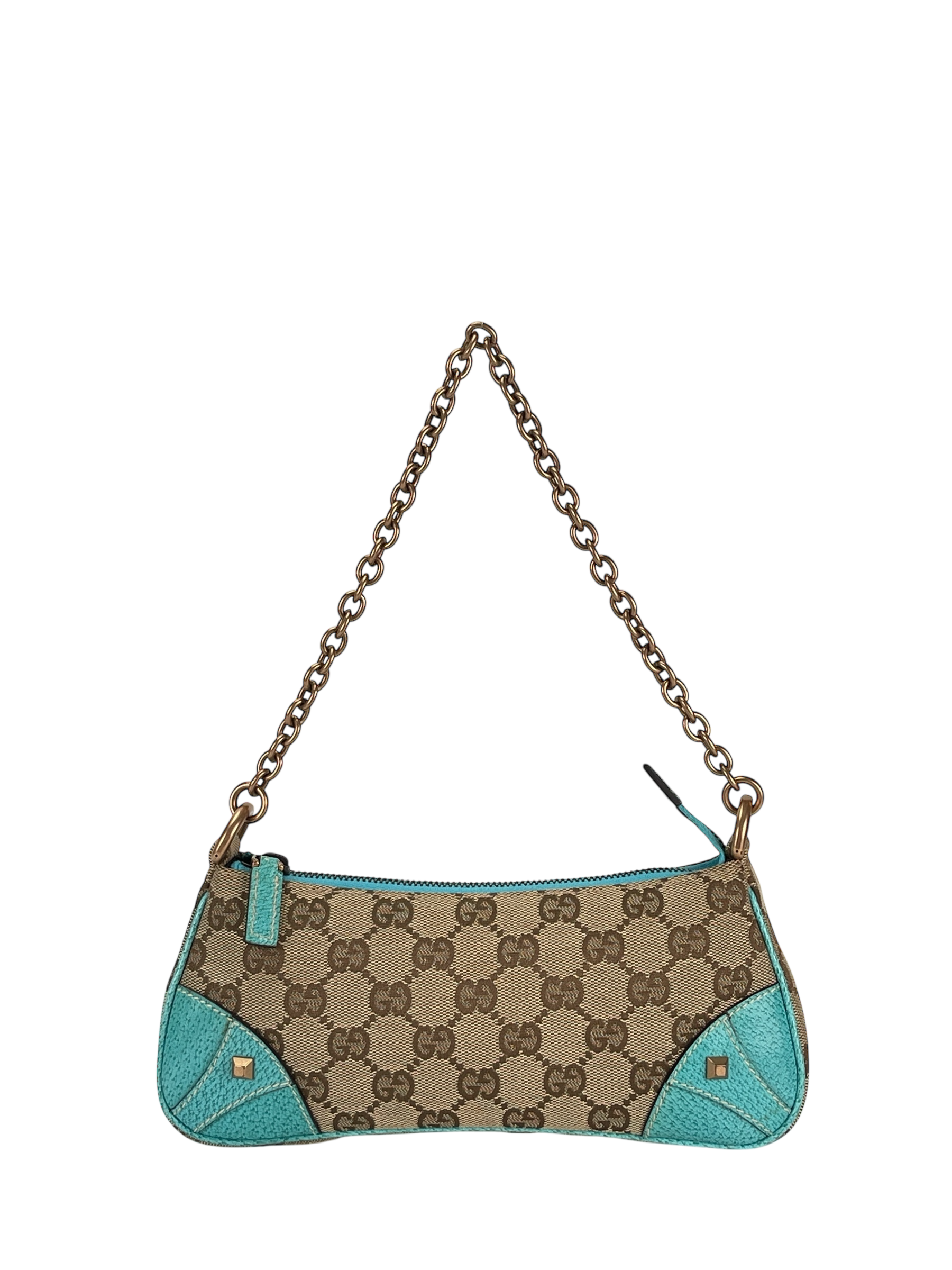 GUCCI - Beige Ophidia Blue Canvas Horsebit Nail Chain Shoulder Bag Pochette
