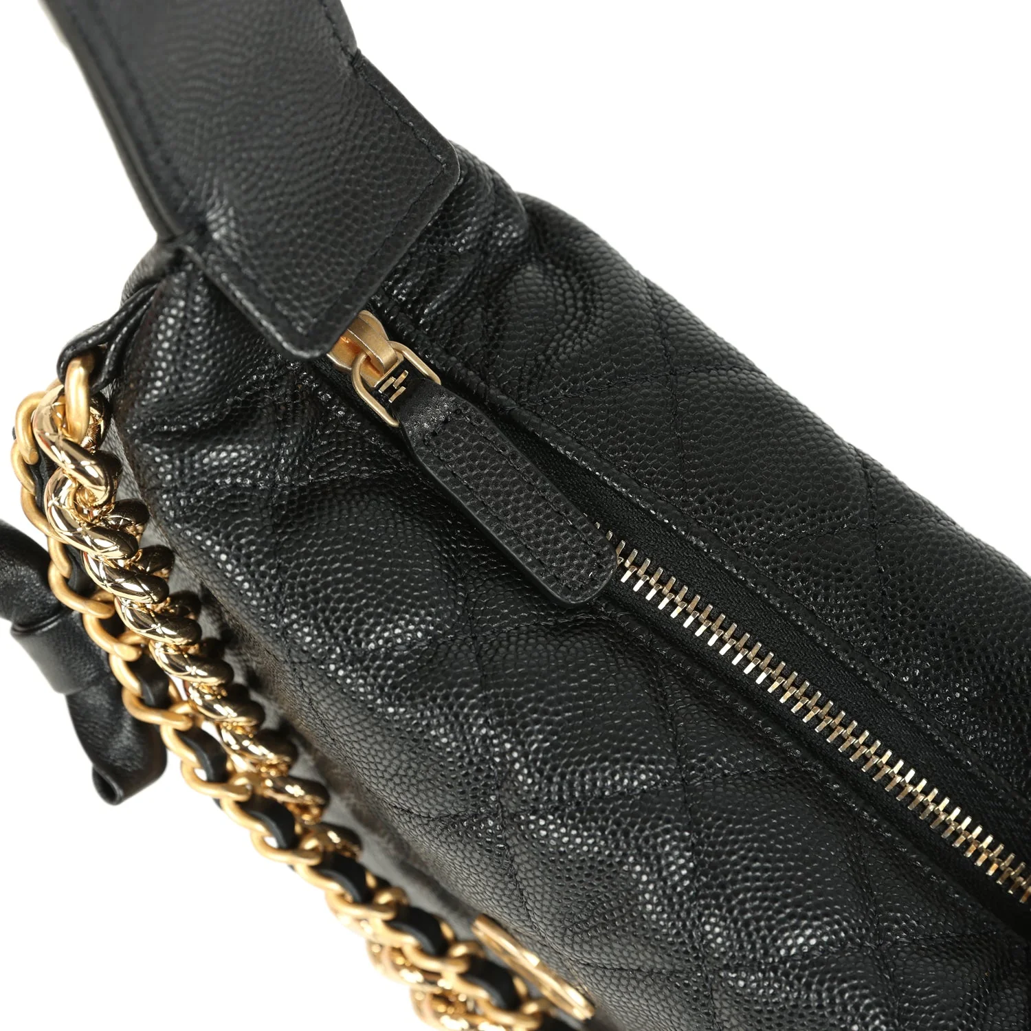 Chanel Mini Round Hobo Pouch Bag Black Shiny Caviar Mixed Metal Hardware