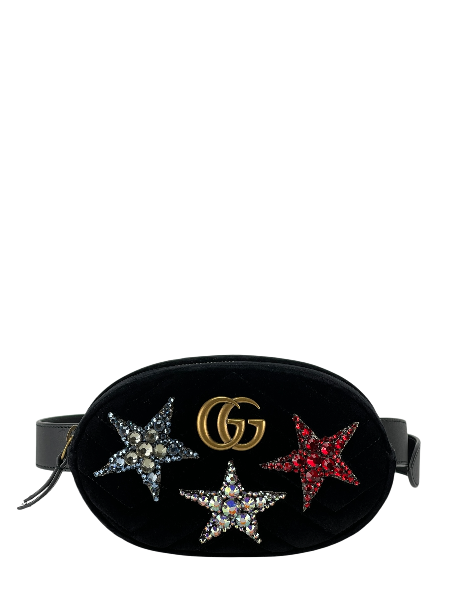 GUCCI - Black Quilted Velvet GG Marmont Crystal Stars Belt Bag