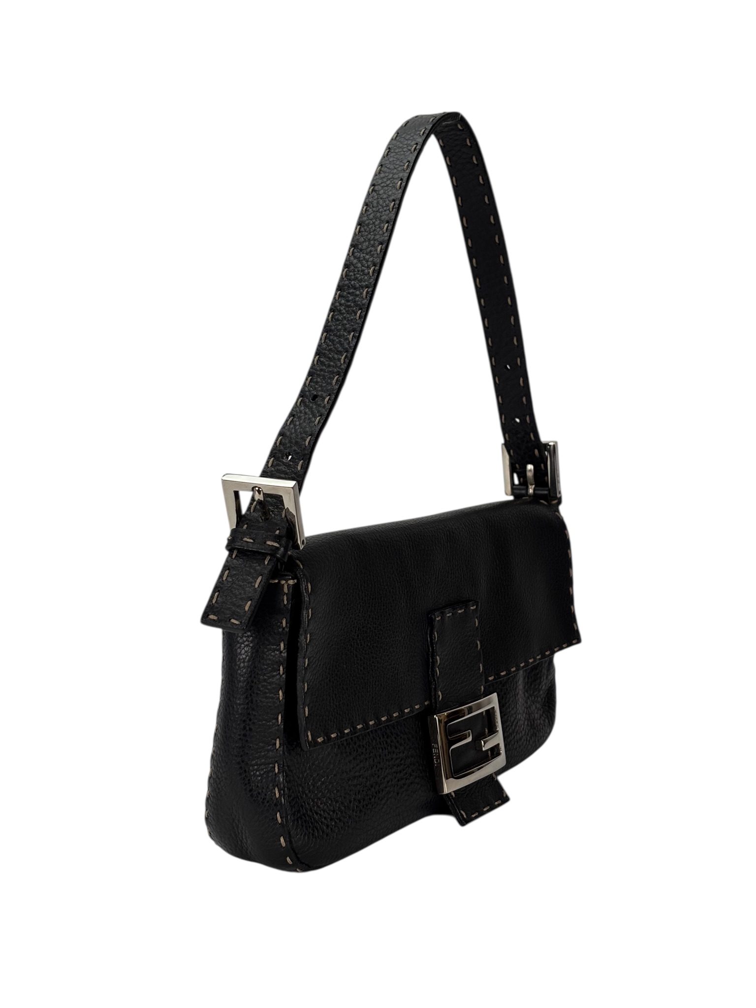FENDI - Black Leather Selleria Baguette Bag