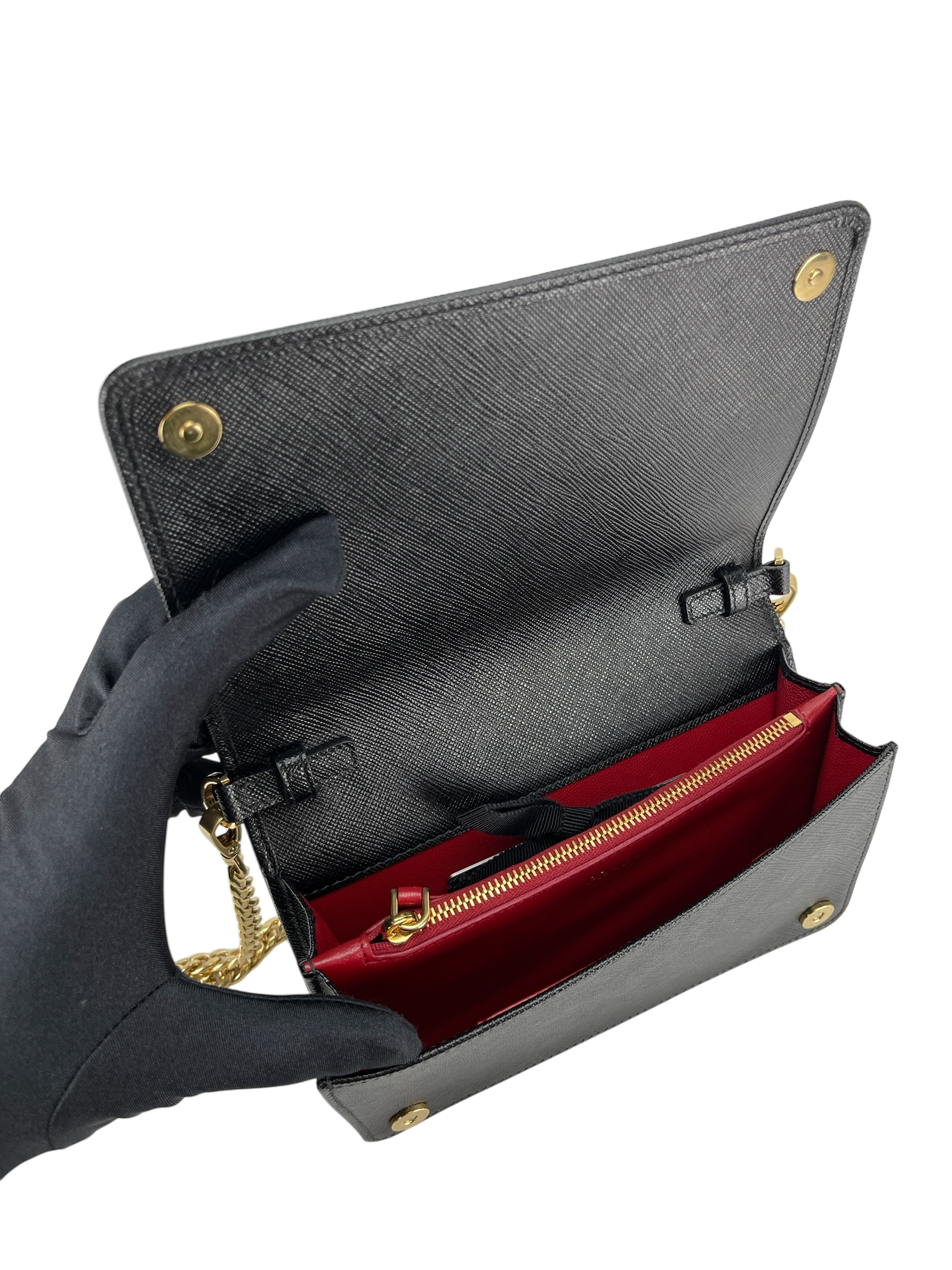 PRADA - Black Calfskin Leather Saffiano Chain Shoulder Bag Gold Hardware