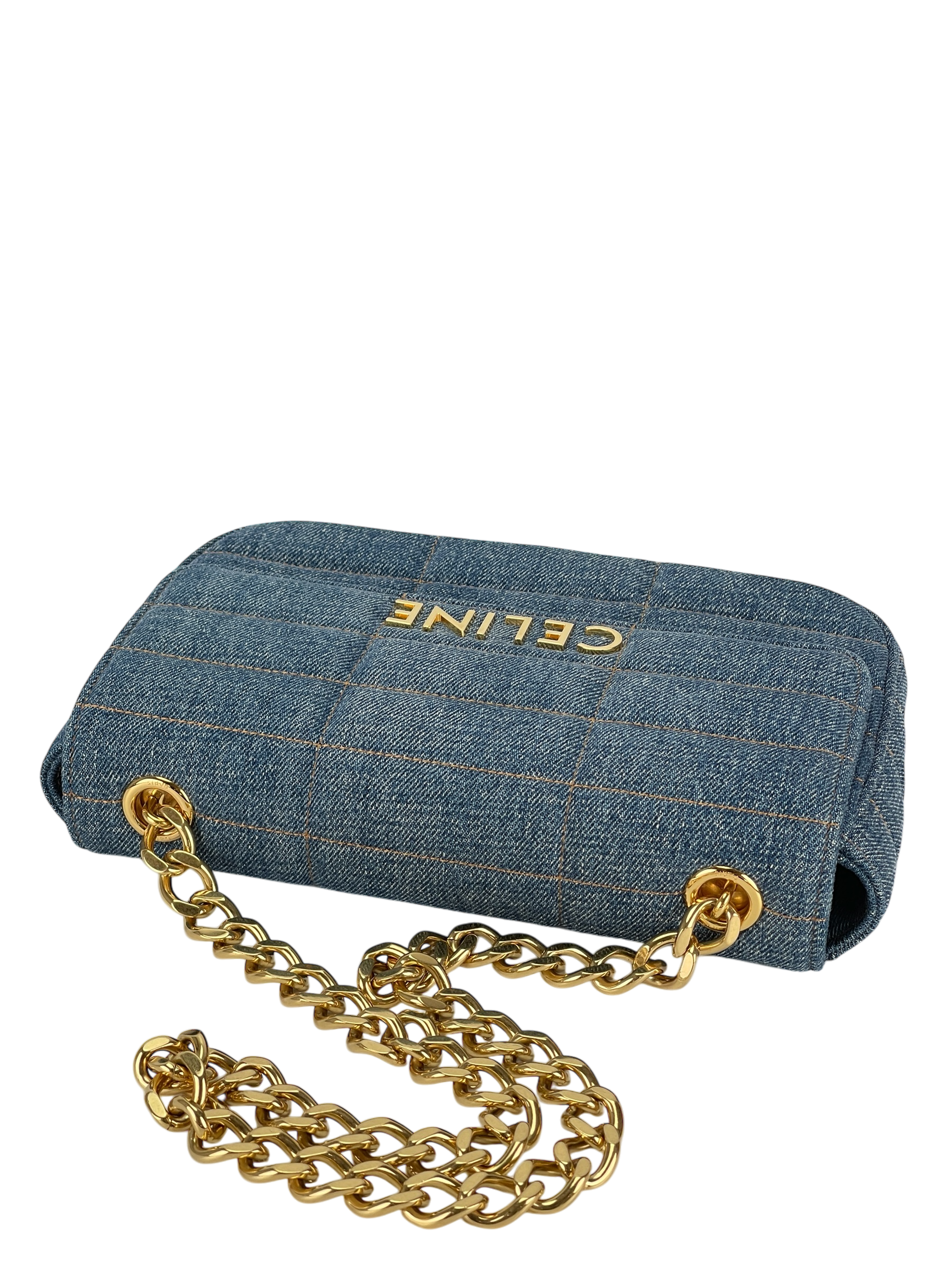 CELINE - Denim Matelasse Logo Shoulder Bag Gold Hardware