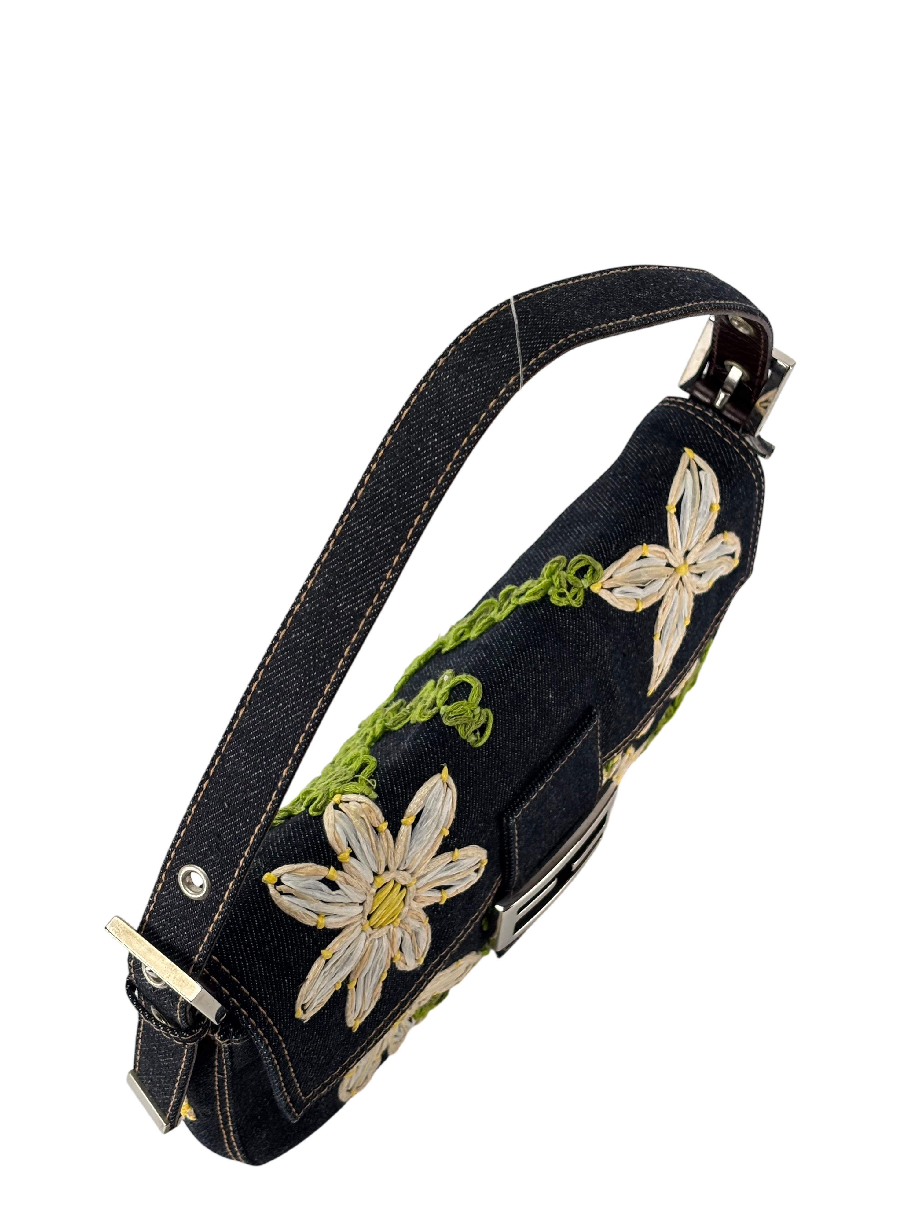 FENDI - Small Baguette Bag Denim Flower Navy