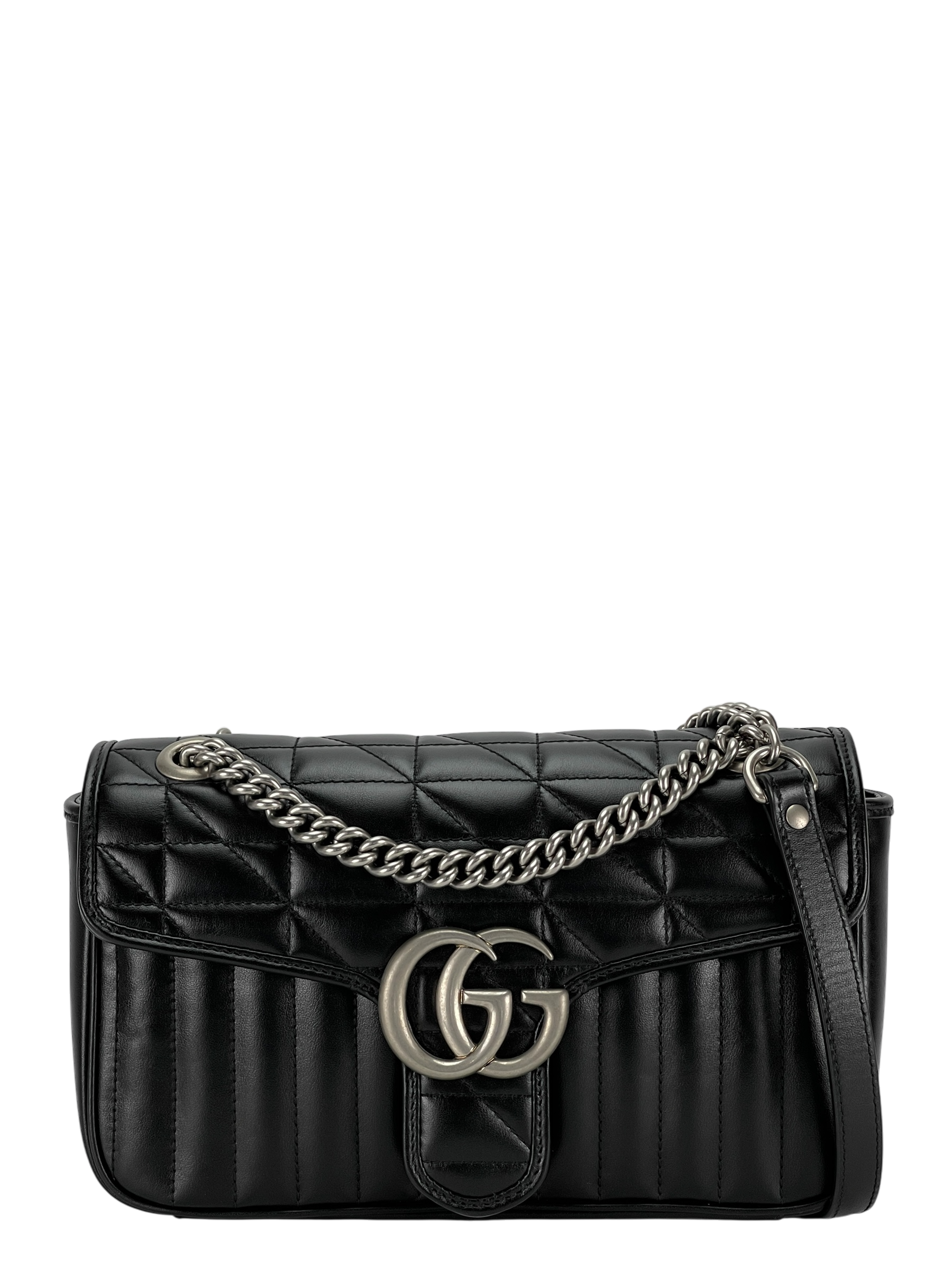 GUCCI - Black GG Marmont Medium Shoulder Bag Sliver Hardware