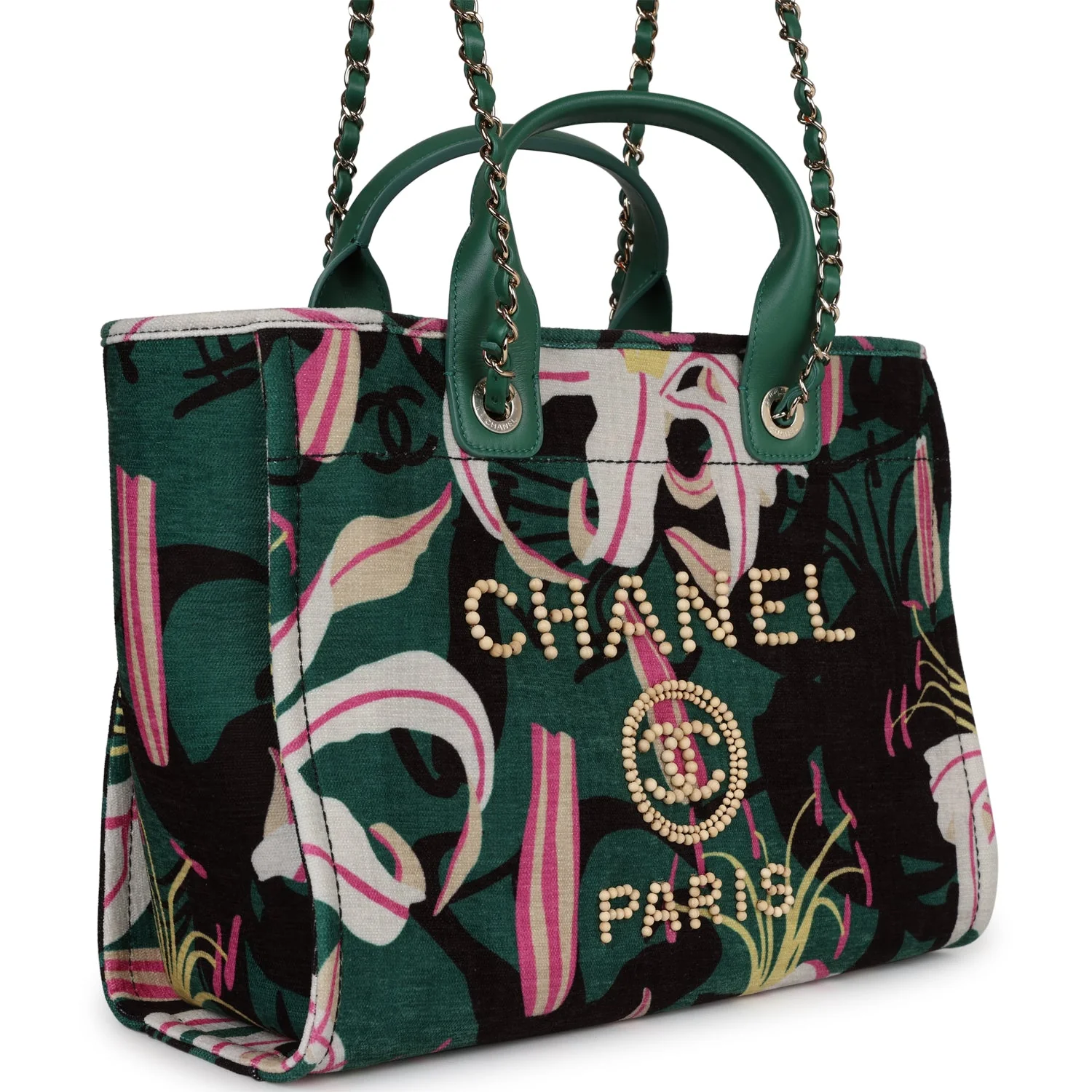 Chanel Small Deauville Shopping Tote Green and Pink Tropical Floral Velvet Light Gold Hardware