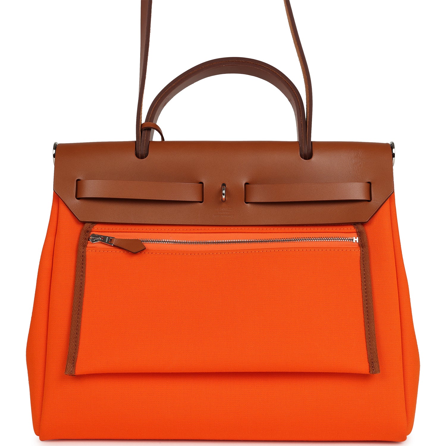 Pre-owned Hermes Herbag Zip PM 31 Orange Minium Toile H Canvas and Fauve Vache Hunter Palladium Hardware