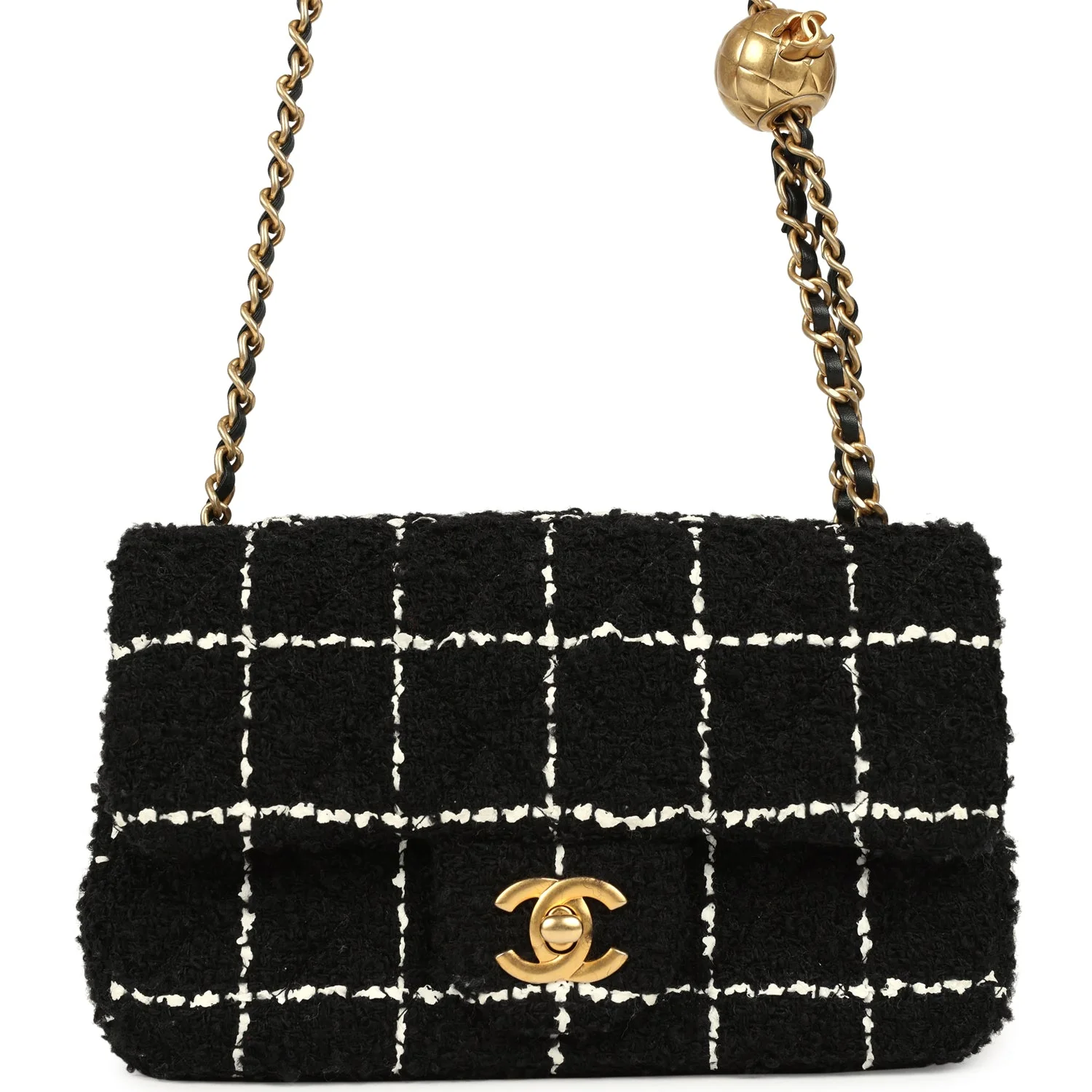 Pre-owned Chanel Mini Pearl Crush Square Flap Bag White and Black Tweed Antique Gold Hardware