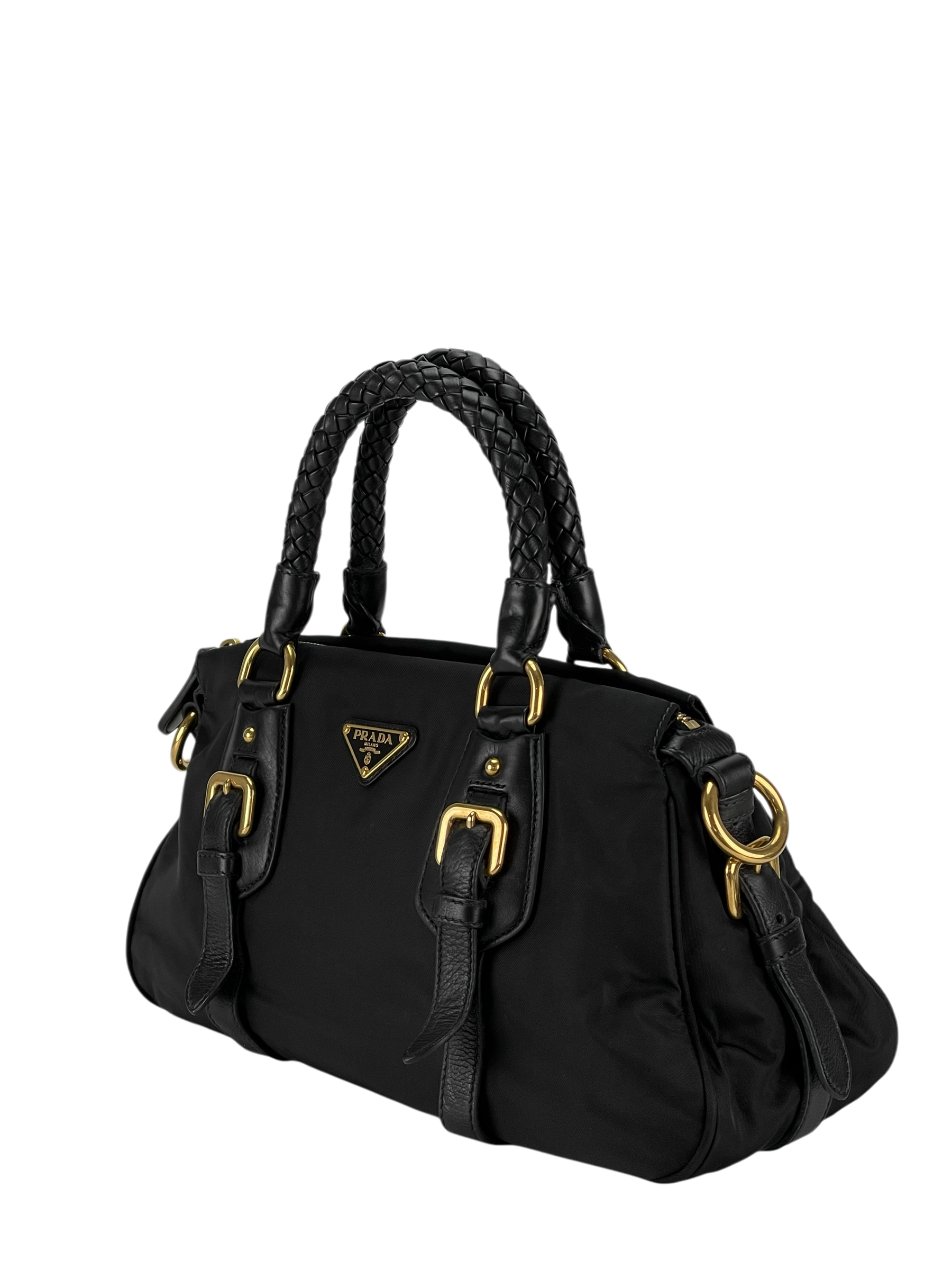 PRADA - Black Tessuto Nylon and Leather Bauletto Bag