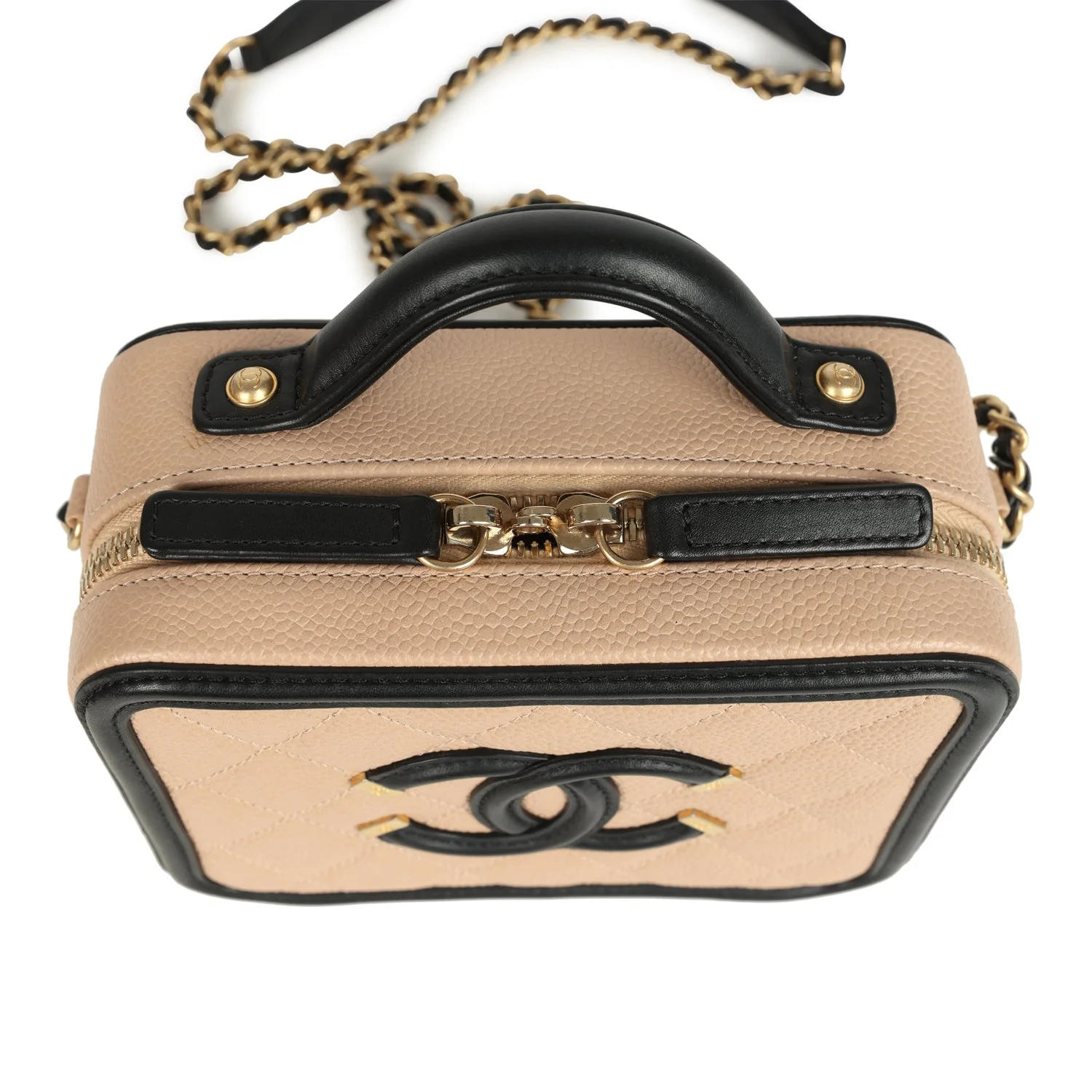 Pre-owned Chanel Small CC Filigree Vanity Case Black and Beige Caviar Antique Gold Hardware