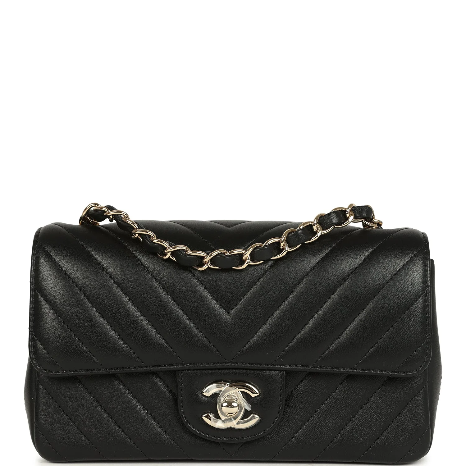 Chanel Mini Chevron Classic Rectangular Flap Bag Black Lambskin Light Gold Hardware