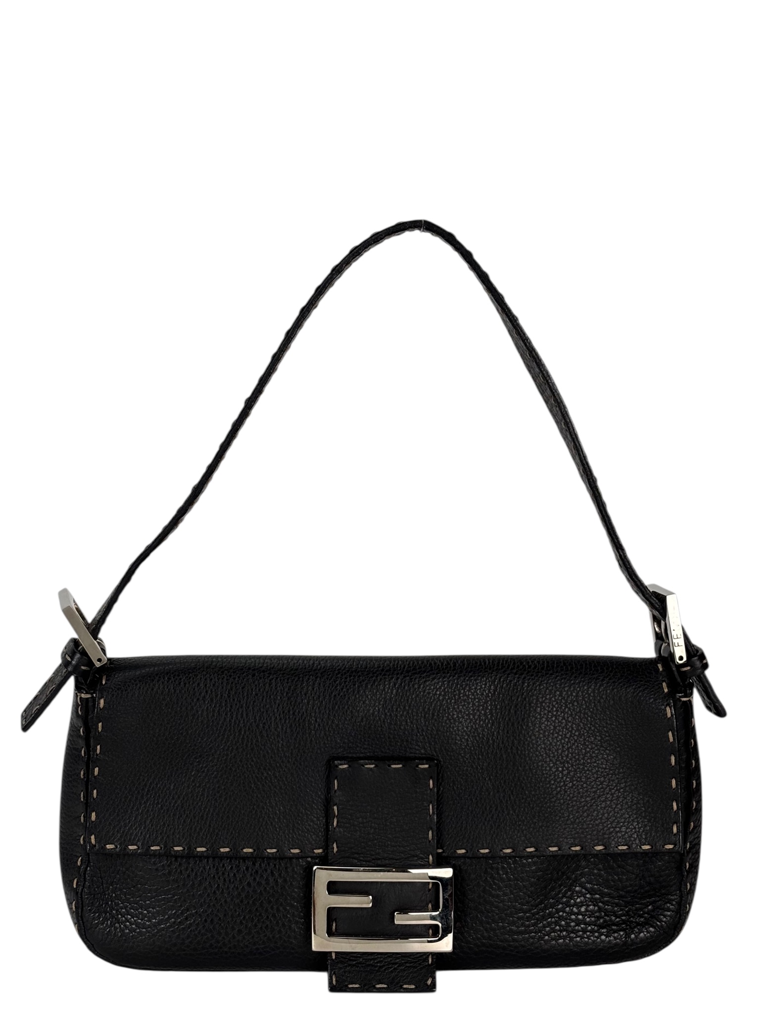 FENDI - Black Leather Selleria Baguette Bag